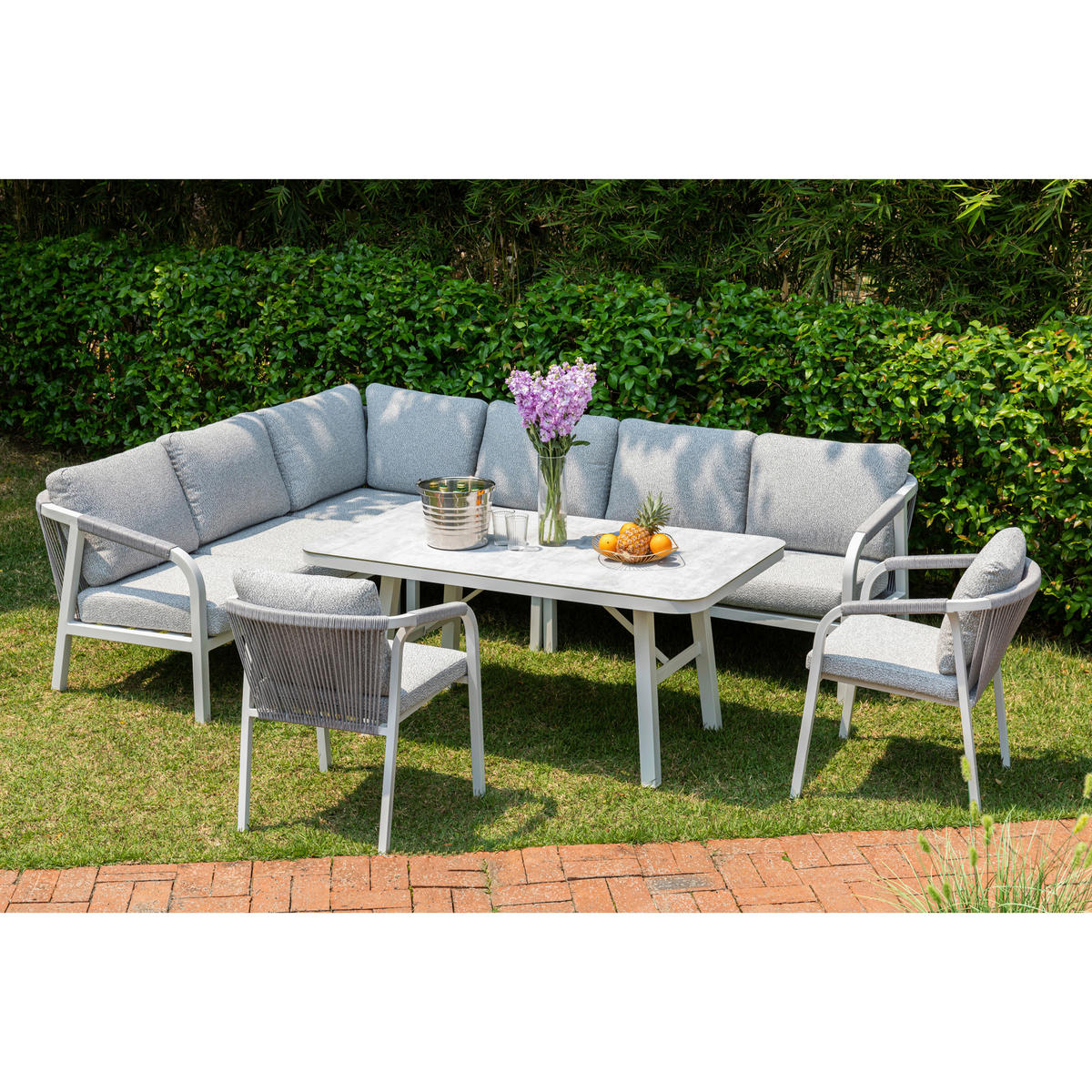DINING-LOUNGESET  - Weiß/Grau, MODERN, Glas/Textil - Gardenson