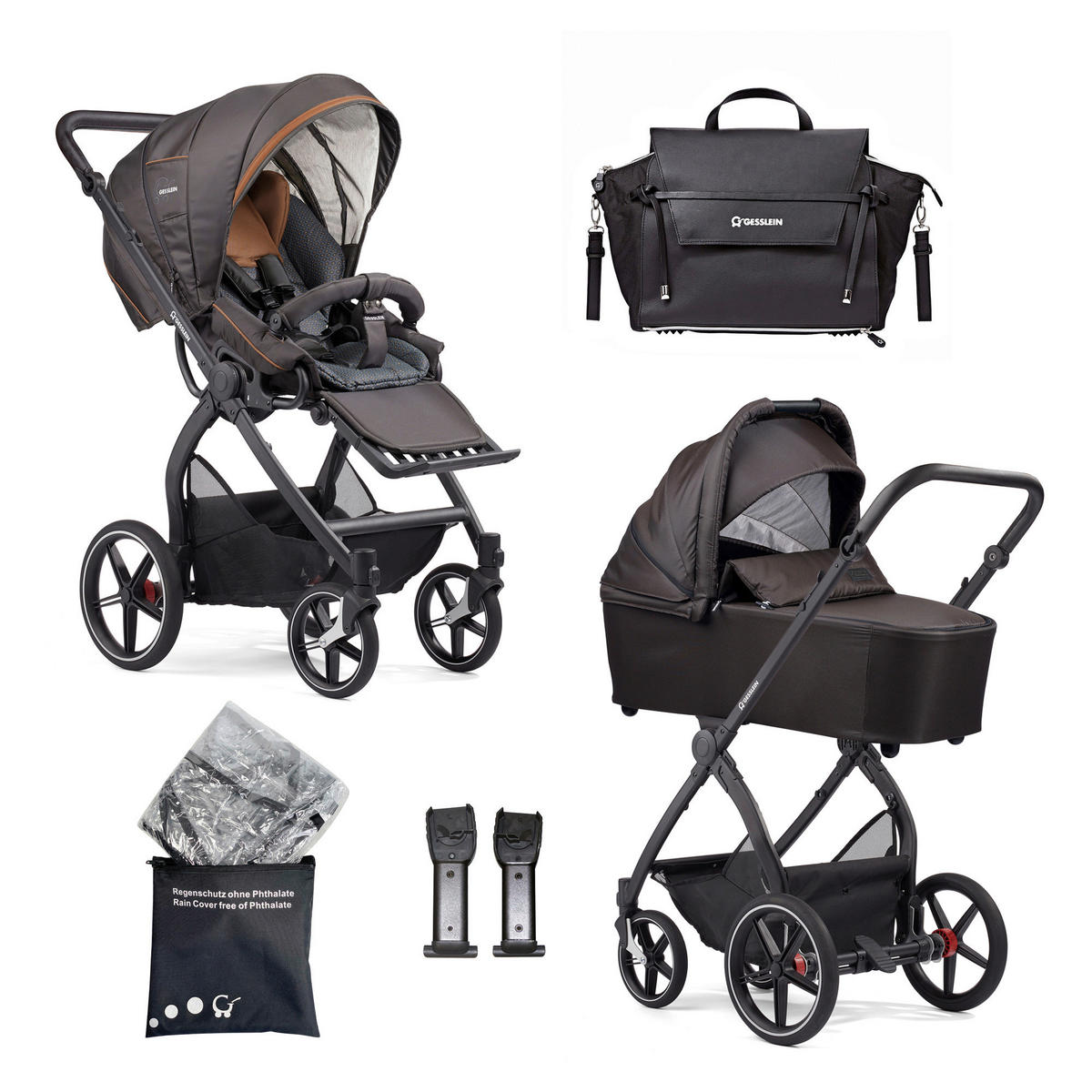 KINDERWAGENSET FX4 Classic  - Cognac/Schwarz, Basics, Textil/Metall (57/129/100cm) - Gesslein
