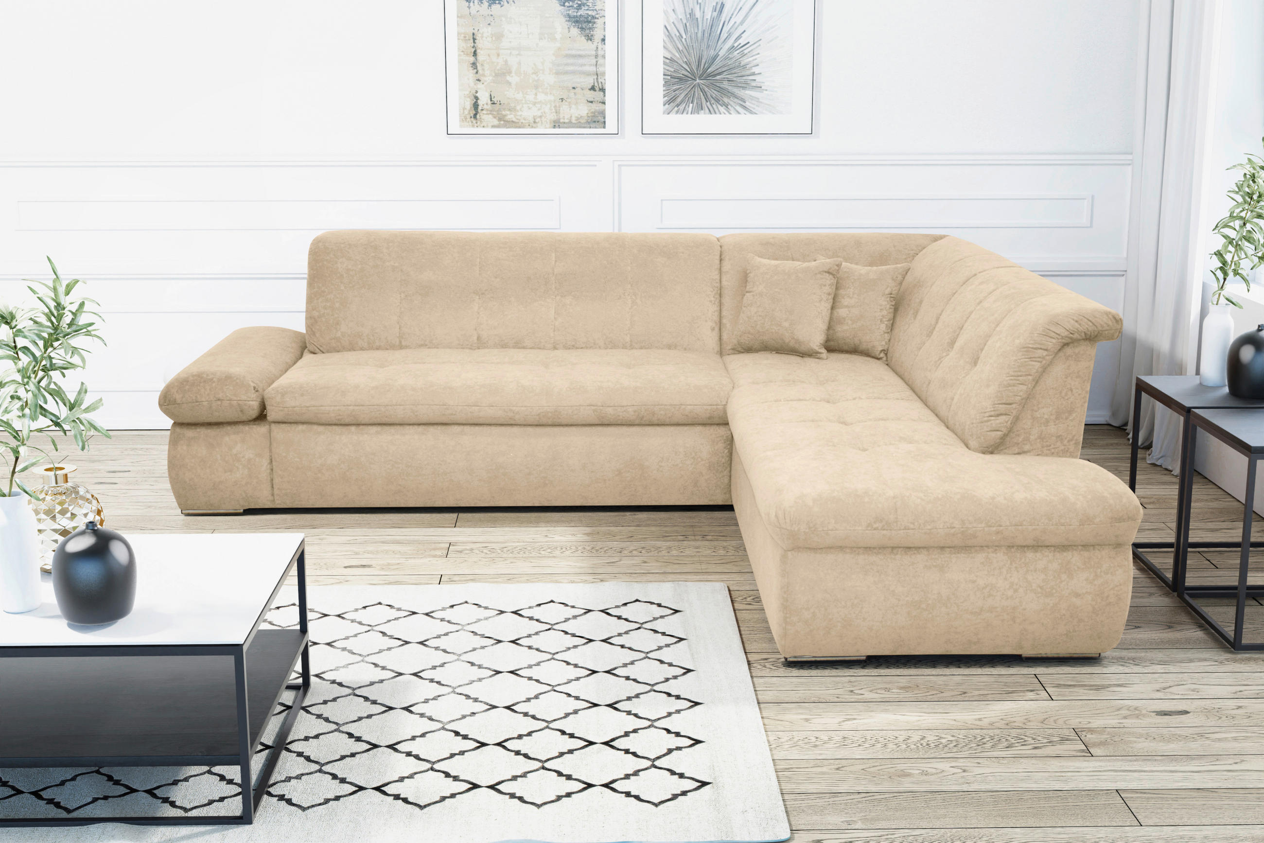 ECKSOFA in Mikrofaser Beige  273/216 cm  - Chromfarben/Beige, KONVENTIONELL, Textil/Metall (273/216cm) - MID.YOU