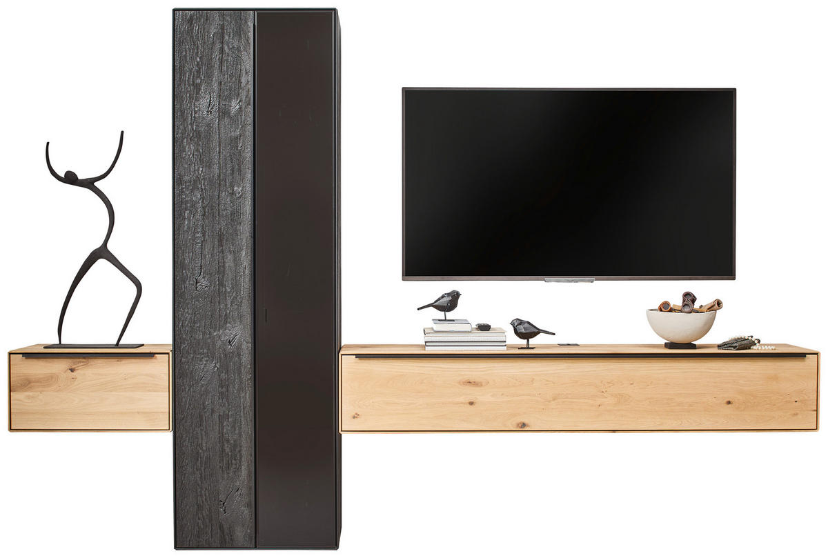 WOHNWAND  in Schwarz, Eichefarben 306/205,5/39,5 cm  - Eichefarben/Anthrazit, Natur, Glas/Holz (306/205,5/39,5cm) - Valnatura