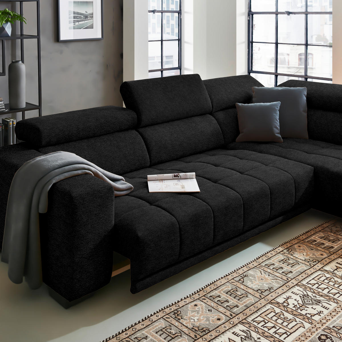 ECKSOFA in Mikrofaser Anthrazit  301/207 cm  - Anthrazit/Schwarz, Design, Textil/Metall (301/207cm) - Xora