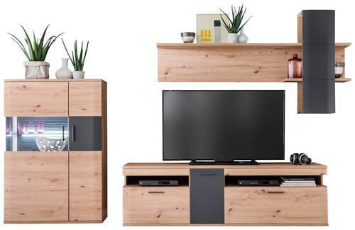 OBÝVACÍ STĚNA, antracitová, čiré, barvy dubu - barvy dubu/černá, Design, kov/kompozitní dřevo (310/198/50cm) - Livetastic