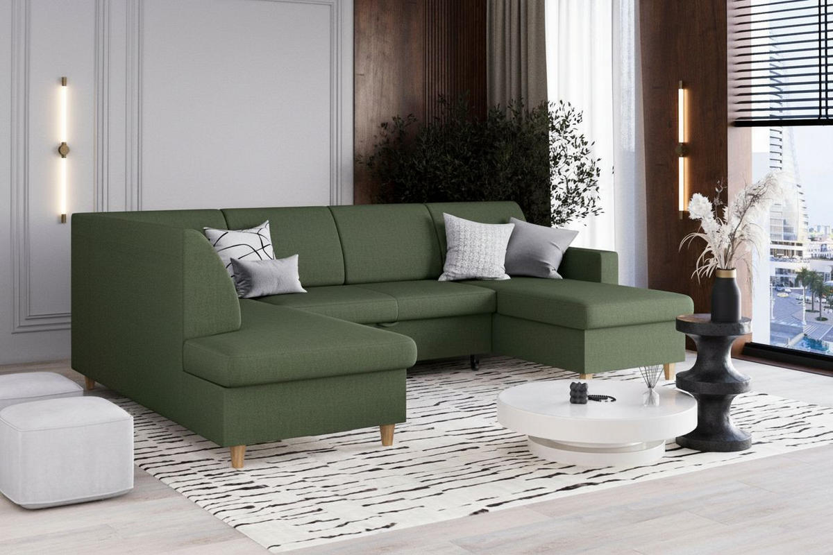 WOHNLANDSCHAFT NIKAS Grün Bouclé  - Buchefarben/Grün, Design, Holz/Textil (310/198/145cm) - MID.YOU