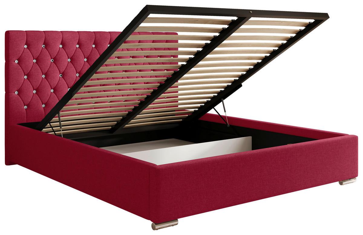 POLSTERBETT 180/200 cm,  in Dunkelrot, gepolstertes Kopfteil, Lattenrost, Bettkasten,  - Chromfarben/Schwarz, MODERN, Holz/Kunststoff (180/200cm) - Chameo