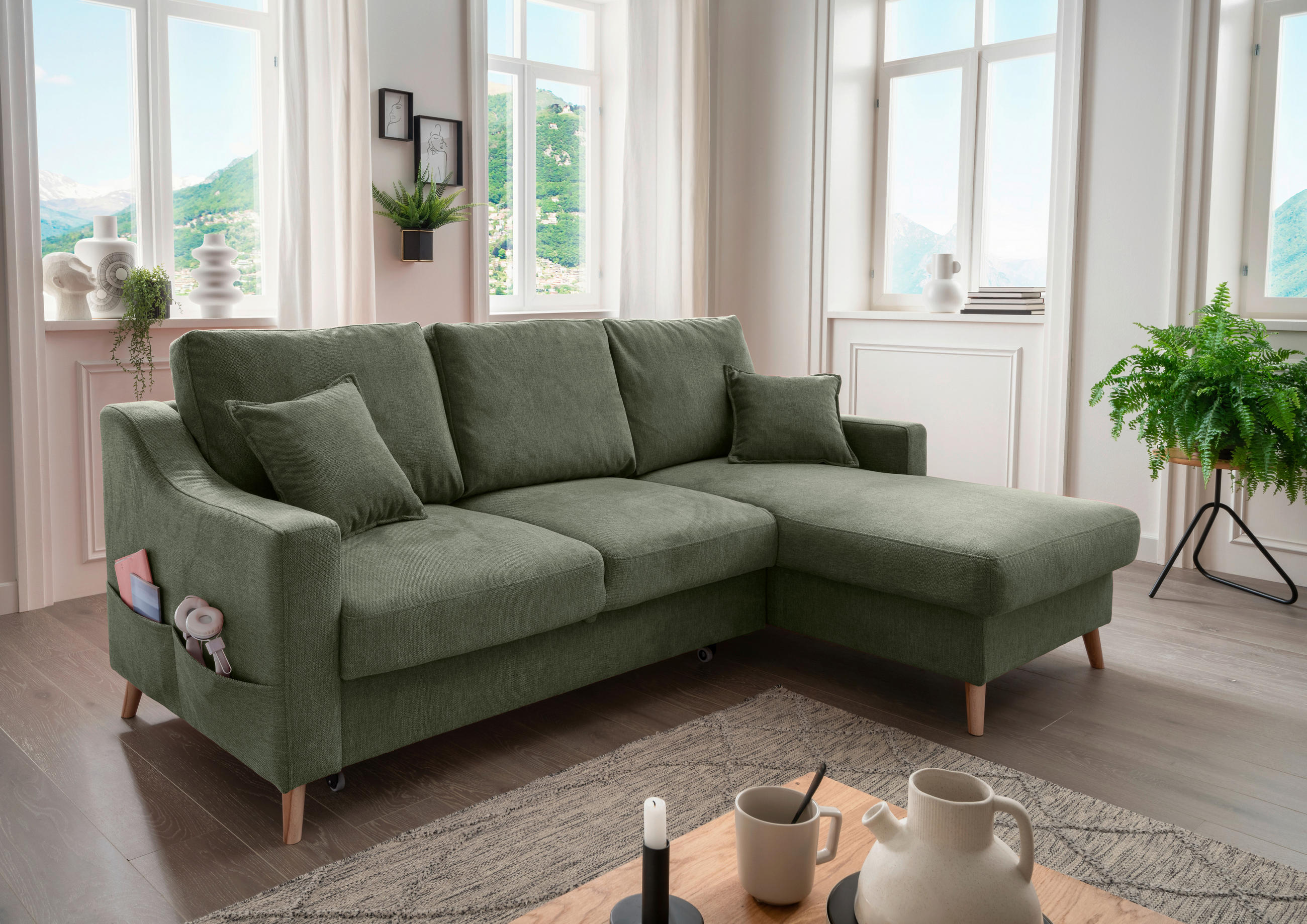 ECKSOFA Valentina Dunkelgrün Chenille  - Dunkelgrün/Naturfarben, MODERN, Holz/Textil (228/150cm) - Livetastic