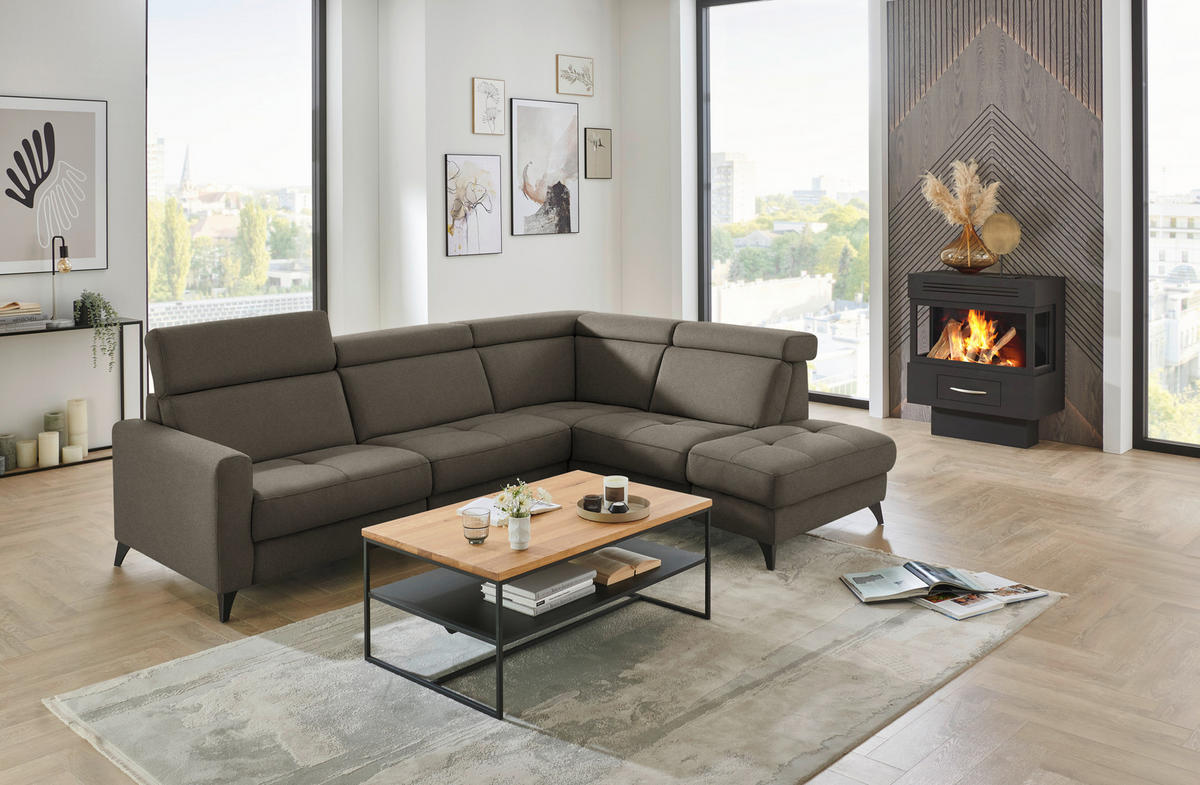 ECKSOFA Beldomo System in Flachgewebe Dunkelbraun  276/214 cm  - Dunkelbraun/Schwarz, KONVENTIONELL, Textil/Metall (276/214cm) - Beldomo System