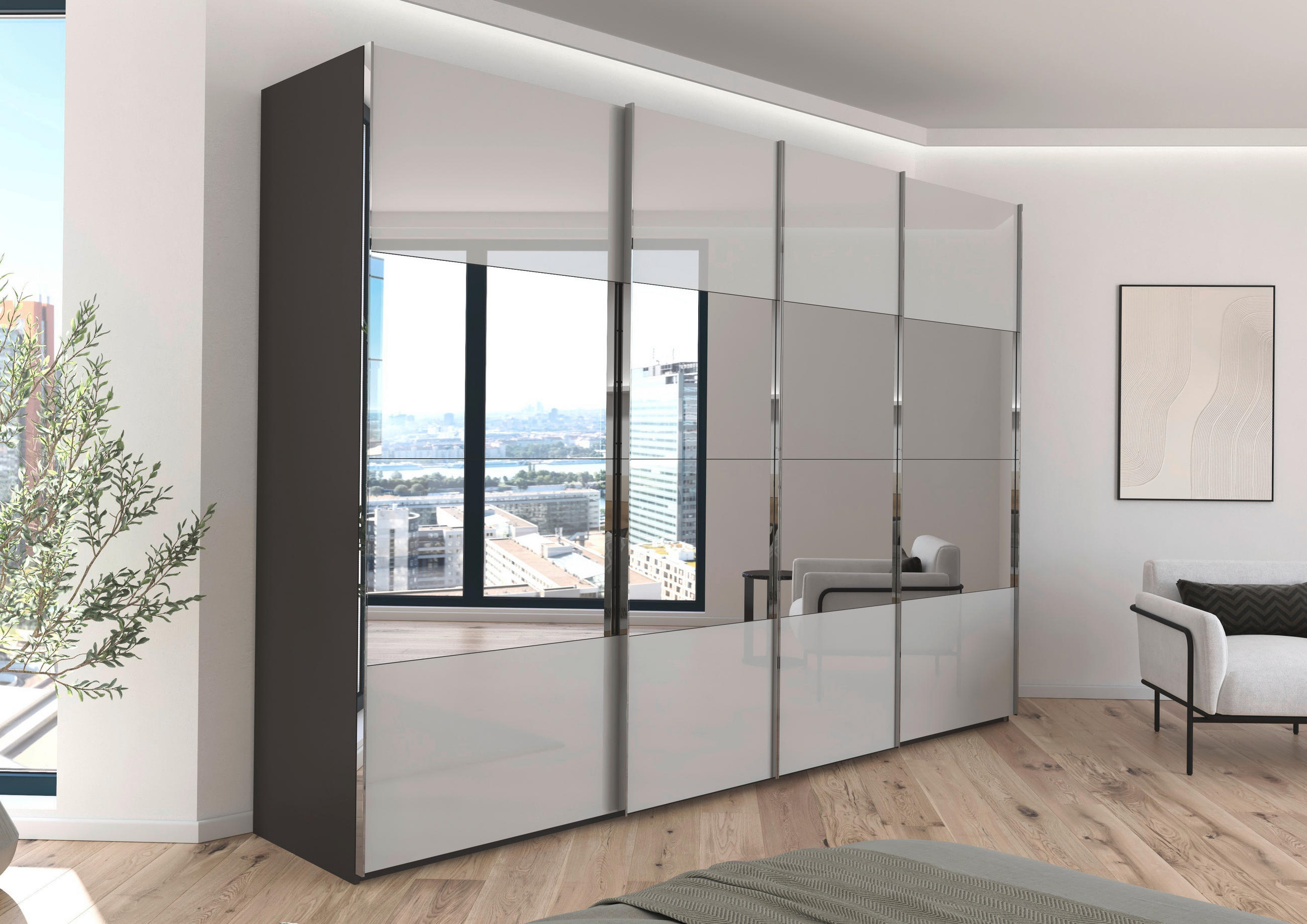 SCHWEBETÜRENSCHRANK 316/235/68 cm 4-türig Graphitfarben, Grau  - Chromfarben/Graphitfarben, Design, Glas/Holzwerkstoff (316/235/68cm) - Novel