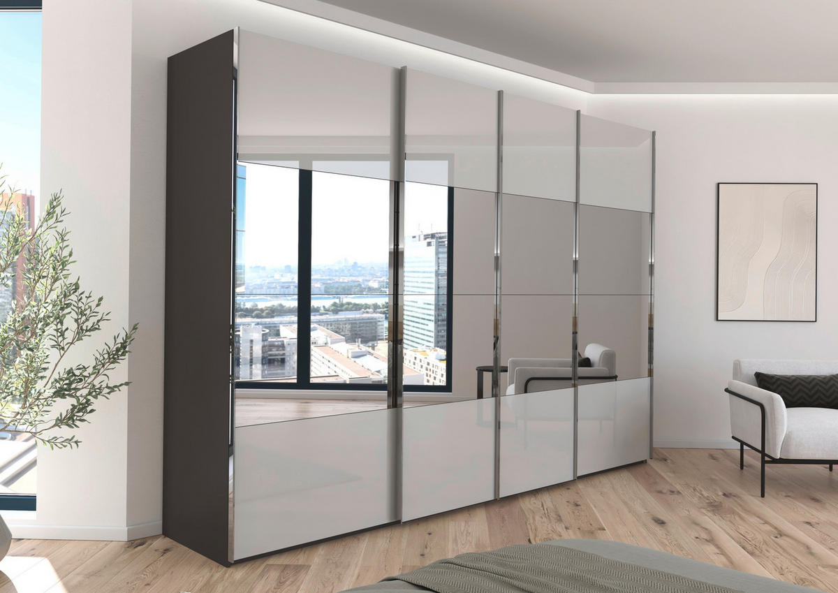 SCHWEBETÜRENSCHRANK 316/235/68 cm 4-türig Graphitfarben, Grau  - Chromfarben/Graphitfarben, Design, Glas/Holzwerkstoff (316/235/68cm) - Novel