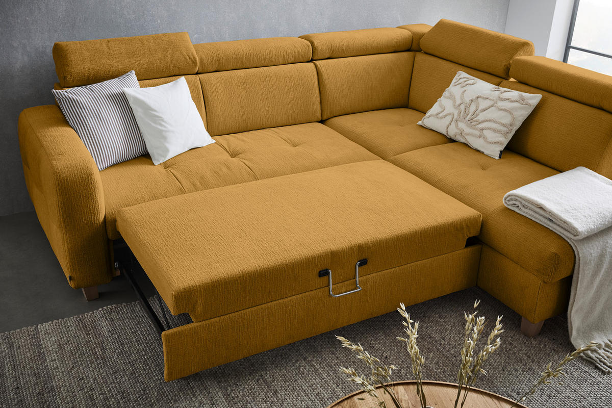 ECKSOFA inkl. Funktionen Senfgelb Samt  - Senfgelb/Bronzefarben, Design, Holz/Textil (261/206cm) - Venda