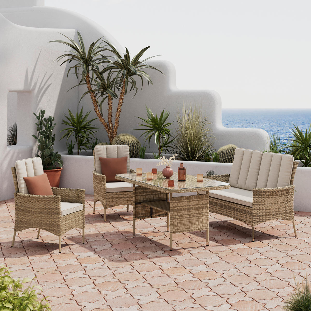 LOUNGE GARNITÚRA 4 részes    - bézs/natúr színű, Romantik / Landhaus, műanyag/Üveg - Ambia Garden