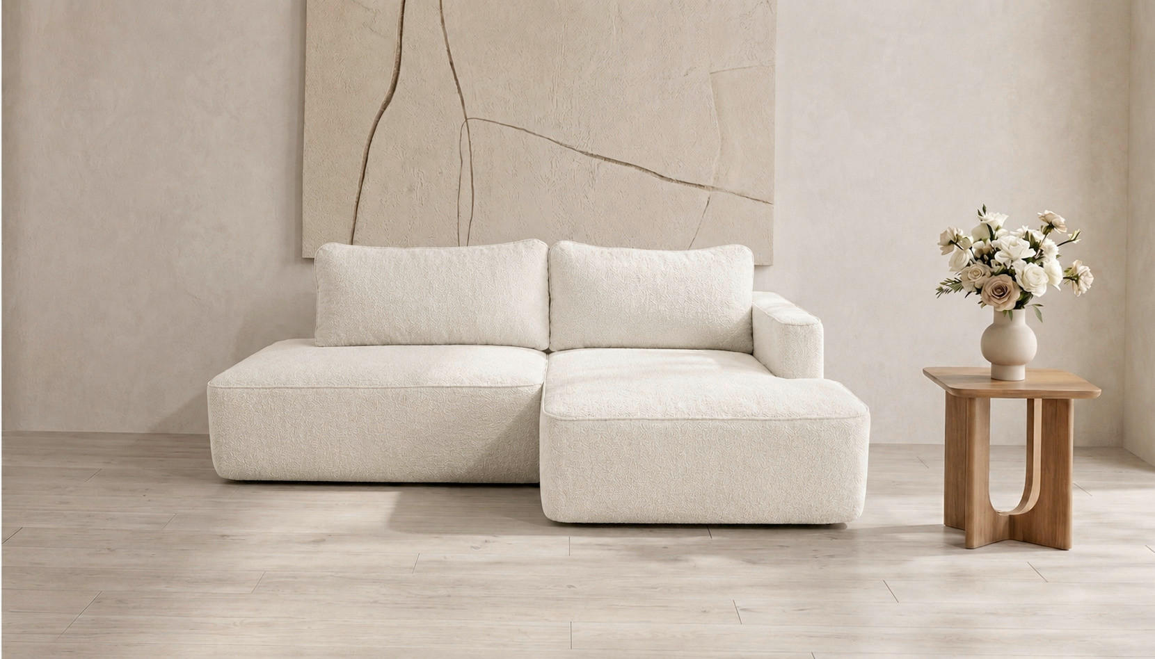 ECKSOFA FREDO Creme Bouclé  - Creme/Schwarz, Design, Kunststoff/Textil (233/150cm) - MID.YOU