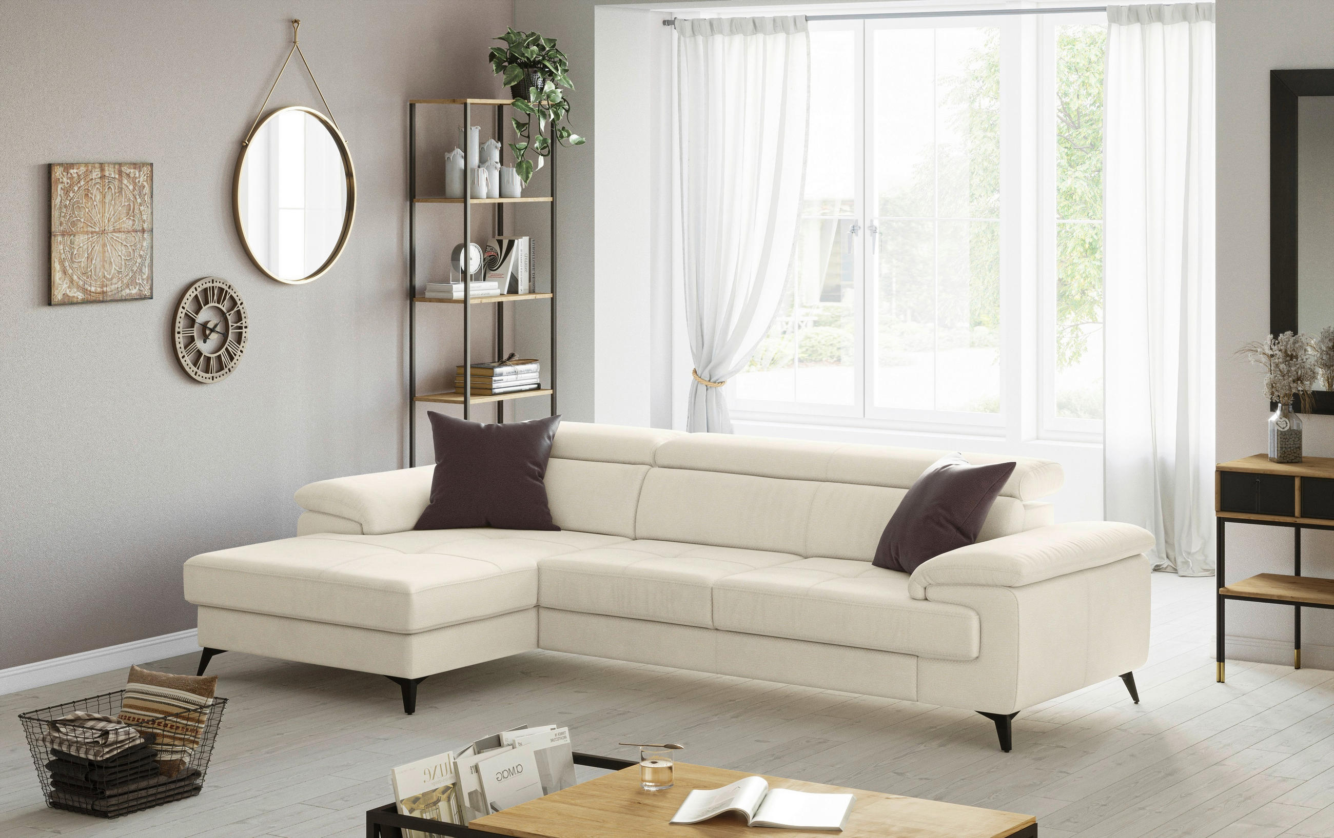SAROKGARNITÚRA textil krém  - fekete/krém, Basics, textil/fém (169/300cm) - Welnova