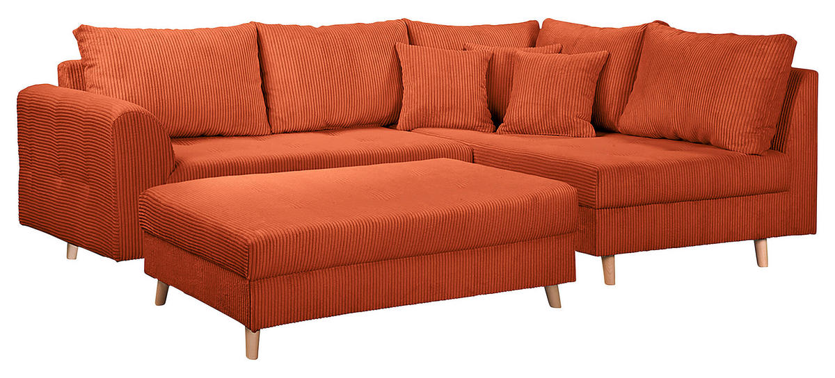 ECKSOFA inkl. Hocker Ariella in Cord Rostfarben  231/161 cm  - Rostfarben/Naturfarben, Design, Holz/Textil (231/161cm) - Livetastic