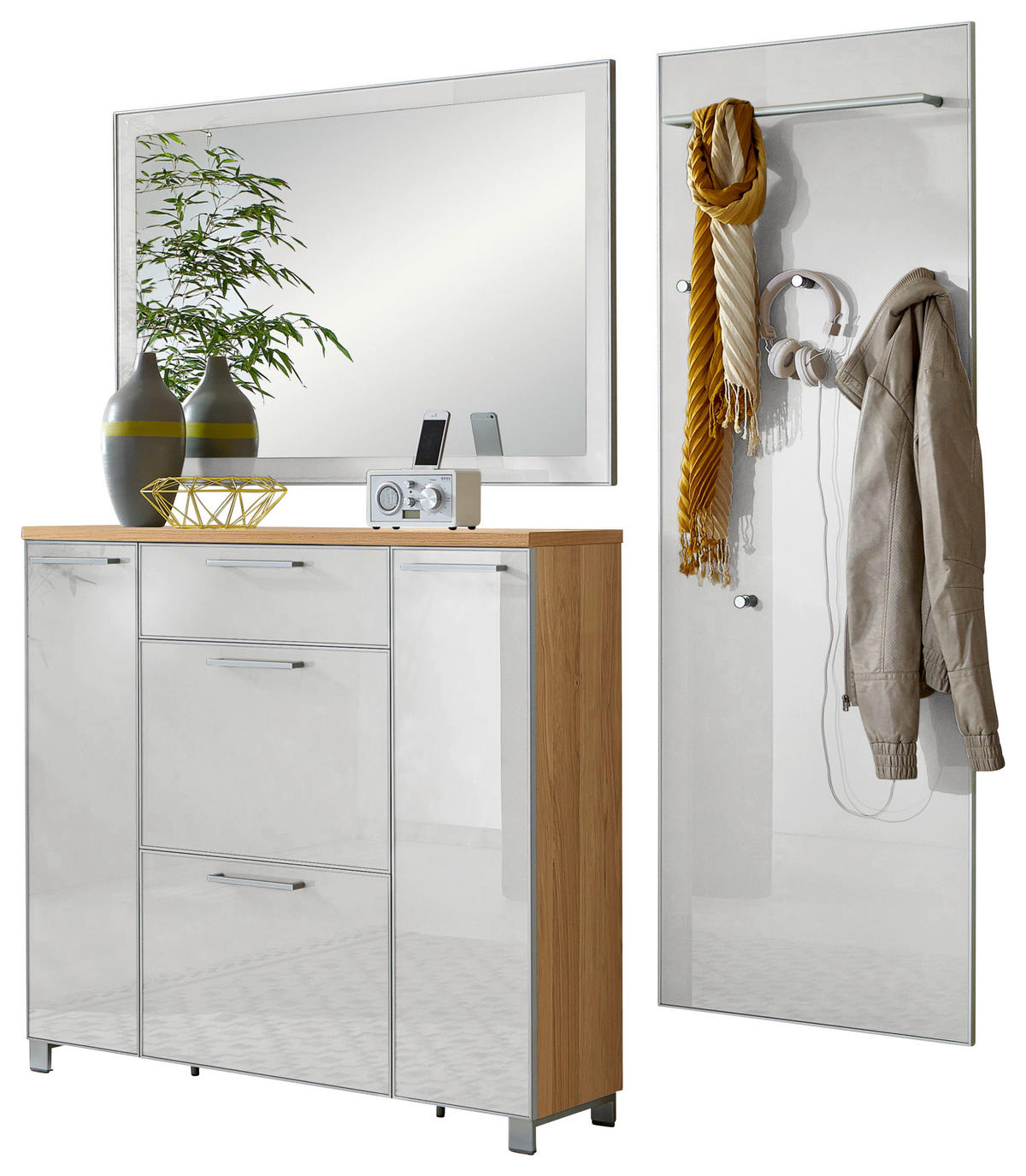 GARDEROBE 3-teilig  in 190/195/31 cm  - Weiss/Eichefarben, Design, Glas/Holz (190/195/31cm)
