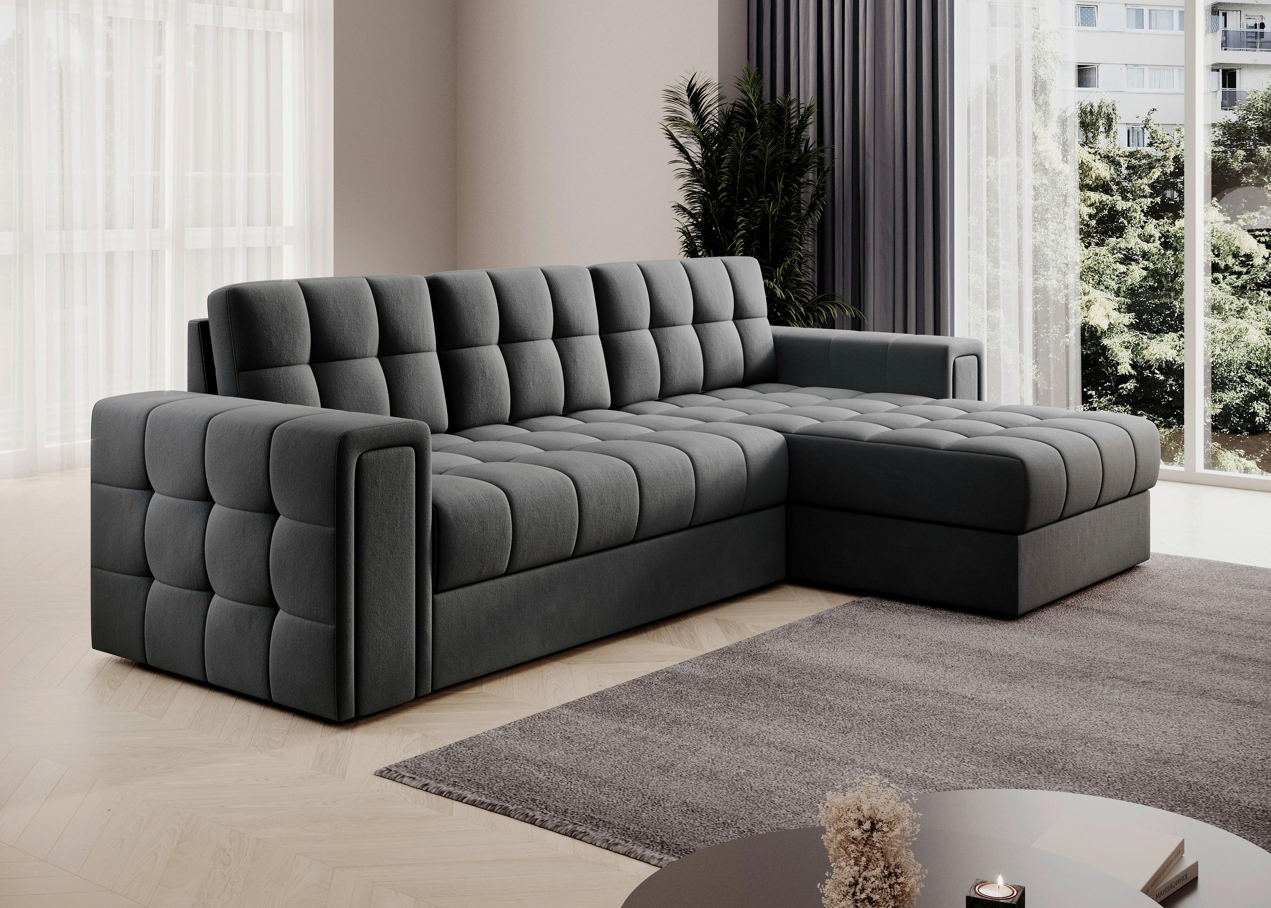 ECKSOFA Plüsch Dunkelgrau  - Dunkelgrau, Design, Kunststoff/Textil (260/150cm) - MID.YOU