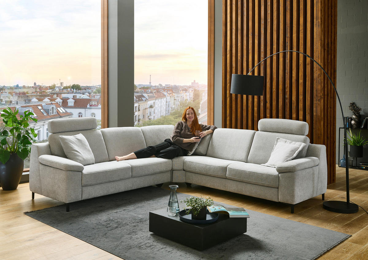 ECKSOFA in Chenille Hellgrau  - Hellgrau/Schwarz, Design, Textil/Metall (278/278cm) - Valdera