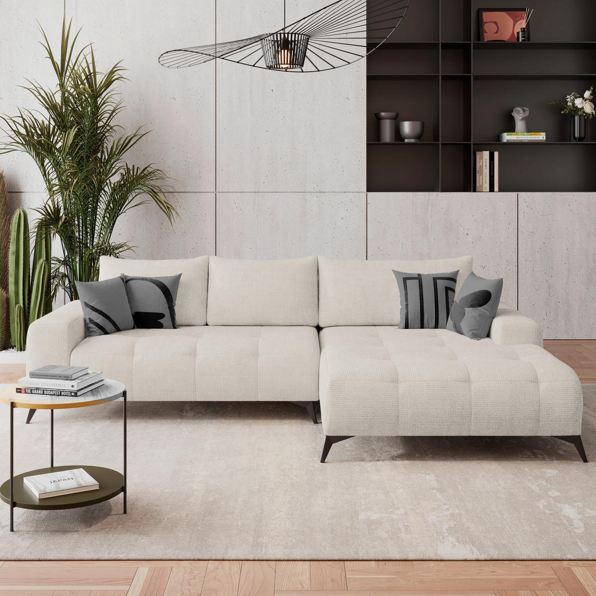 ECKSOFA MAURO Perlmutt Flachgewebe  - Perlmutt/Schwarz, Trend, Textil/Metall (290/175cm) - MID.YOU