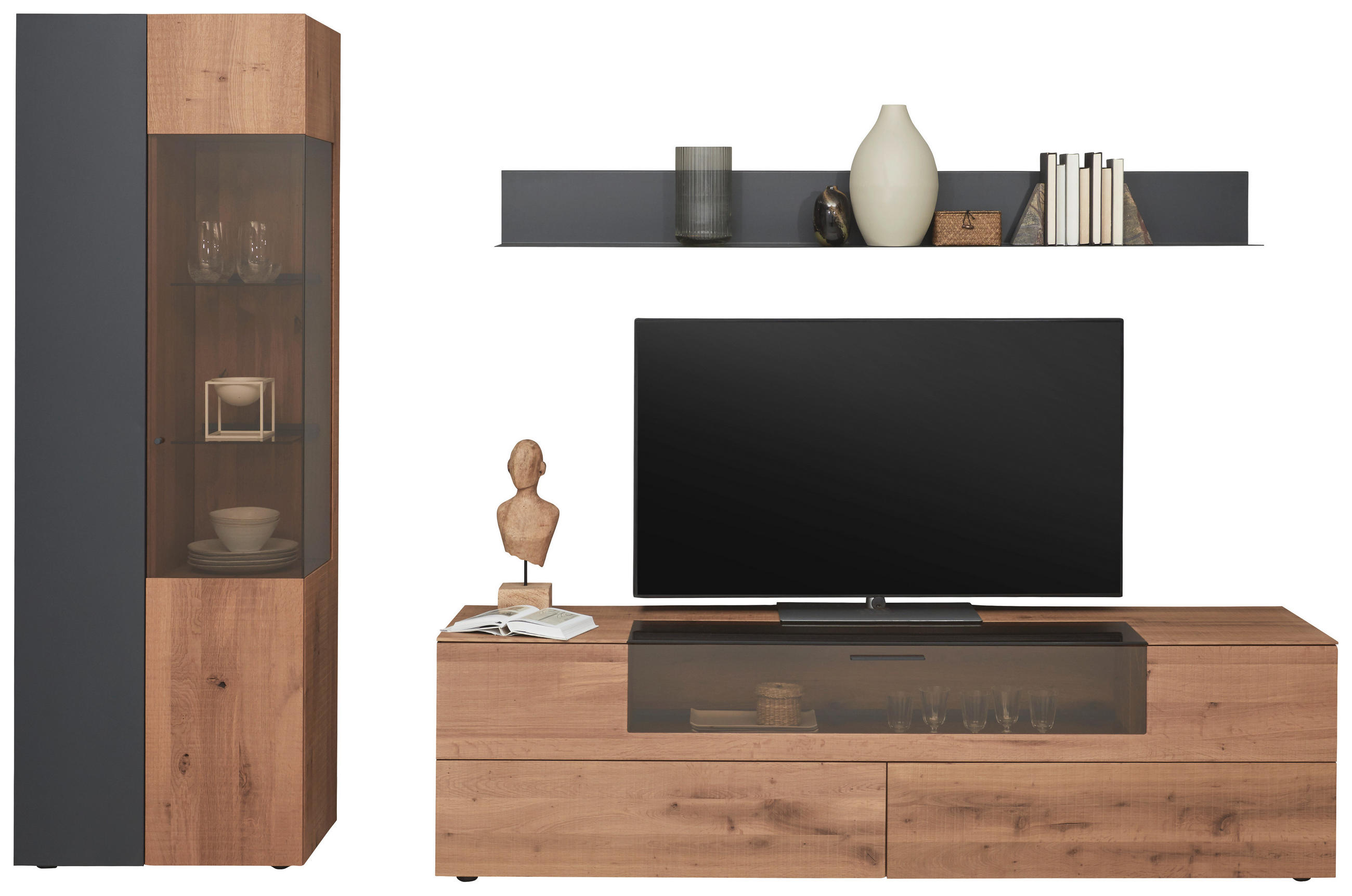 WOHNWAND  296/207/54 cm  in Anthrazit, Eichefarben  - Edelstahlfarben/Eichefarben, Natur, Glas/Holz (296/207/54cm) - Valnatura