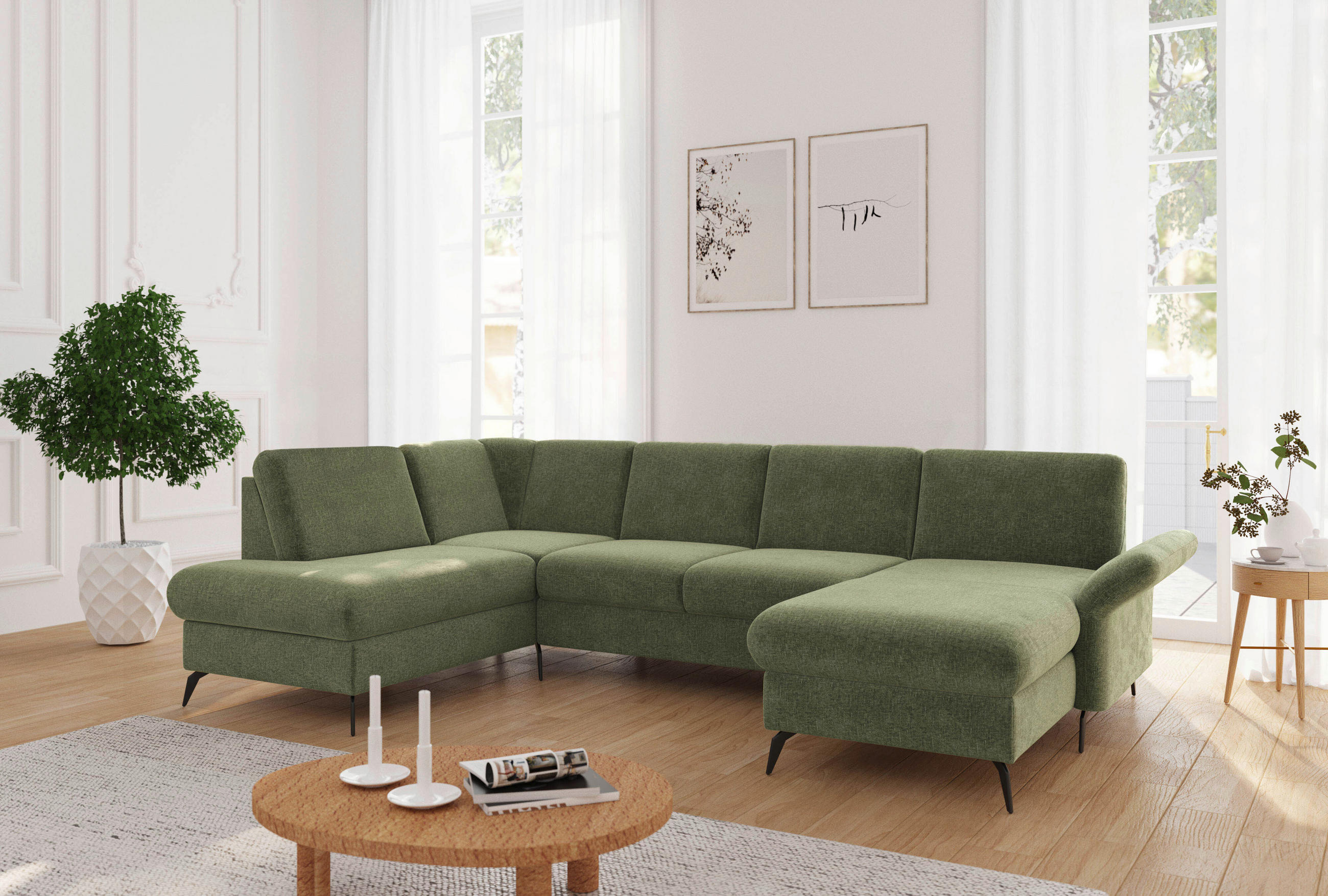 WOHNLANDSCHAFT Hellgrün Flachgewebe  - Schwarz/Hellgrün, KONVENTIONELL, Textil/Metall (195/314/164cm) - Sit & More