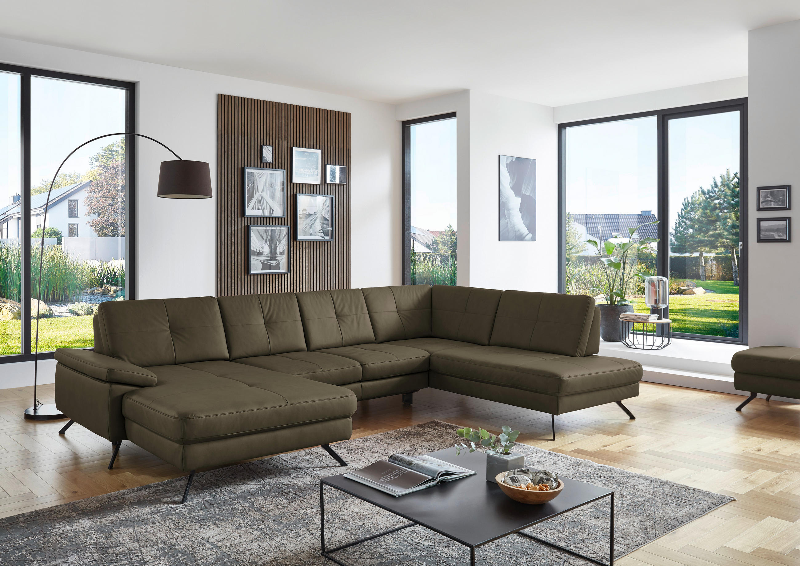 WOHNLANDSCHAFT in Lederlook, Mikrofaser Olivgrün  - Schwarz/Olivgrün, Design, Textil/Metall (345/220cm) - Beldomo System