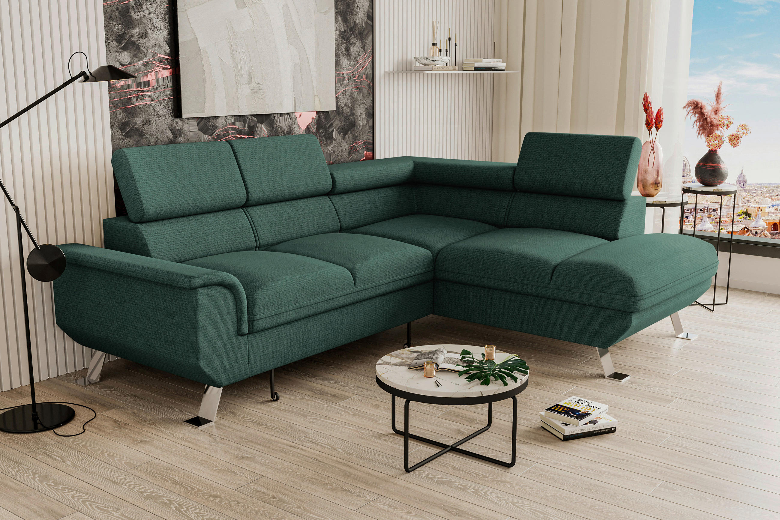 ECKSOFA Dunkelgrün Struktur  - Dunkelgrün/Silberfarben, KONVENTIONELL, Textil/Metall (268/207cm) - Carryhome