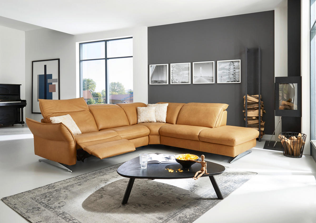 ECKSOFA in Echtleder Orange  - Edelstahlfarben/Orange, Design, Leder/Metall (292/258cm) - Hukla