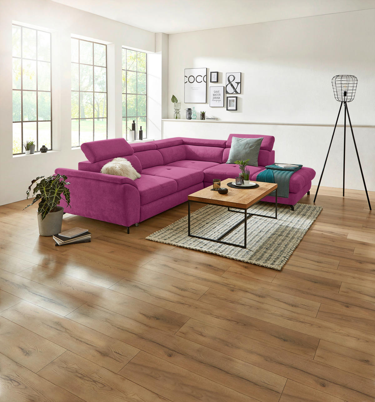 ECKSOFA in Webstoff Magenta  - Magenta/Schwarz, Design, Textil/Metall (277/237cm) - Stylife