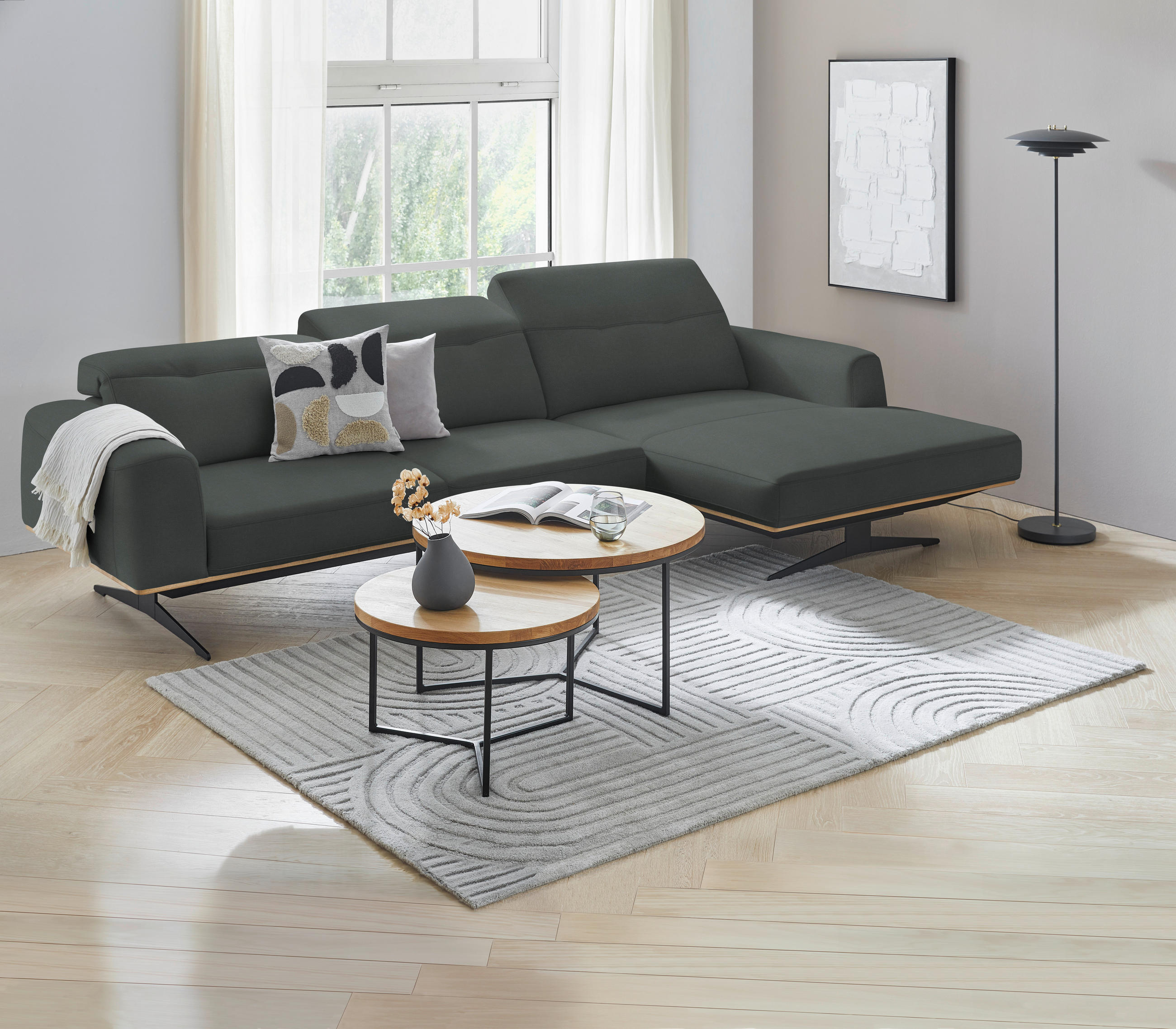 ECKSOFA in Echtleder Grau  - Eichefarben/Schwarz, Design, Leder/Holz (305/163cm) - Novel