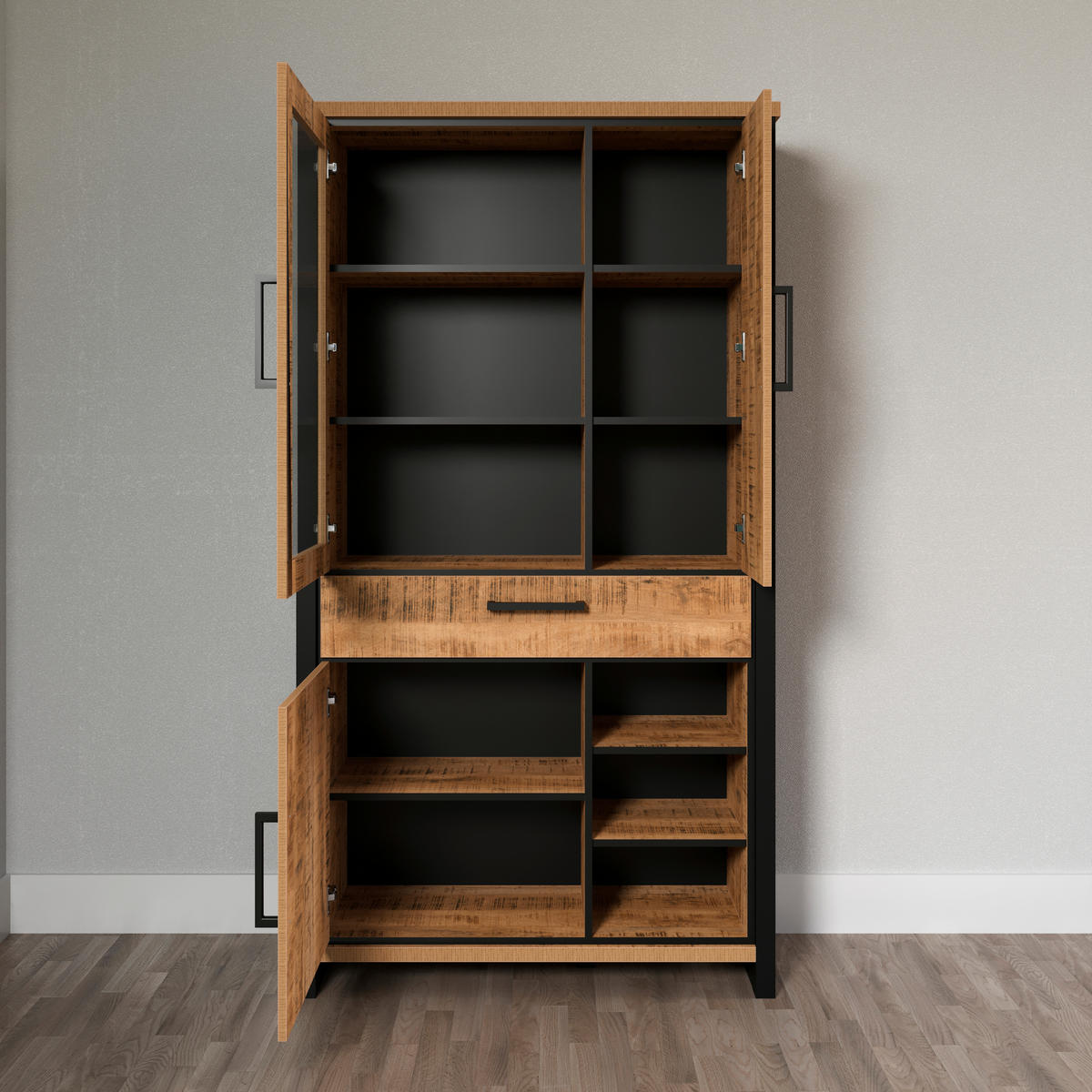 VITRINE ENNA WO in Naturfarben, Schwarz  - Schwarz/Naturfarben, Design, Glas/Holzwerkstoff (106/195/45cm) - MID.YOU