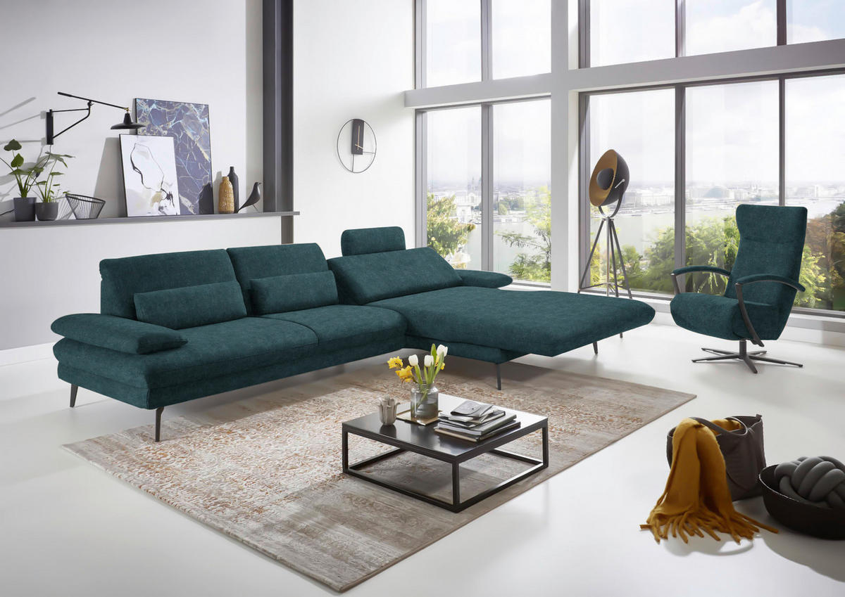 ECKSOFA in Velours Petrol  - Petrol/Schwarz, Design, Textil/Metall (310/180cm) - Dieter Knoll