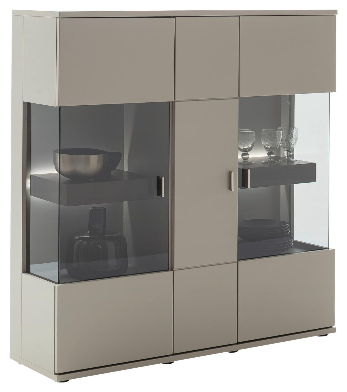 FÉLMAGAS SZEKRÉNY 130/134/37 cm  - tölgyfa színű/nikkelszínű, Design, faalapú anyag/Üveg (130/134/37cm) - Novel