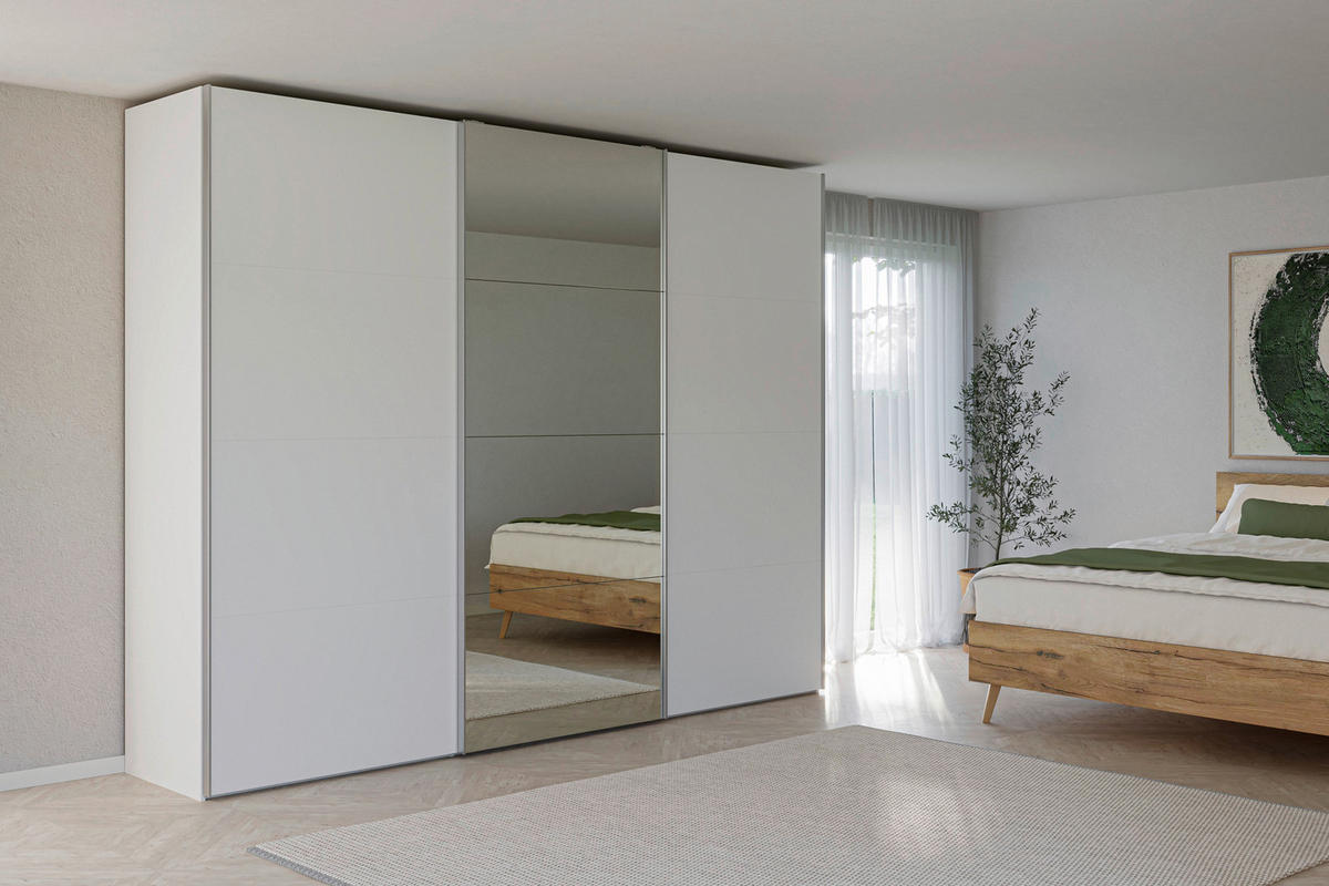 SCHWEBETÜRENSCHRANK 303/236/65 cm 3-türig Weiß  - Silberfarben/Weiß, Design, Glas/Holzwerkstoff (303/236/65cm) - Jutzler