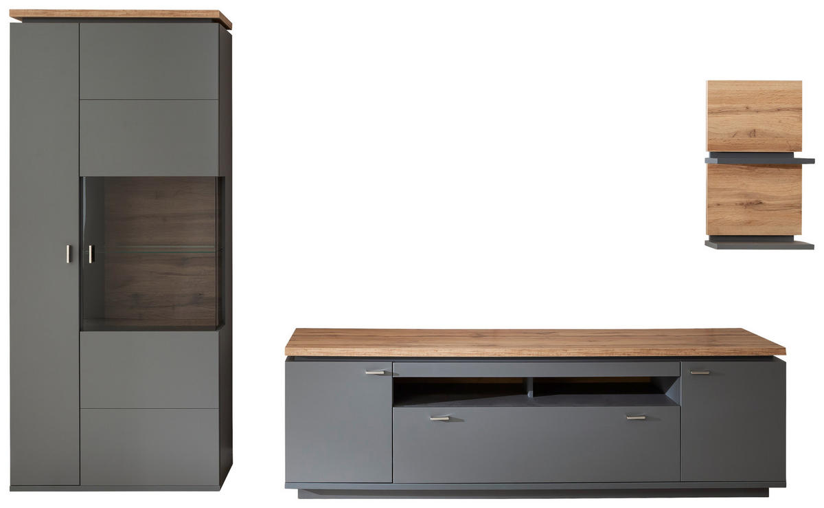 WOHNWAND  in Grau, Eiche Wotan 335/208/50 cm  - Eiche Wotan/Grau, Design, Glas/Holzwerkstoff (335/208/50cm) - Stylife