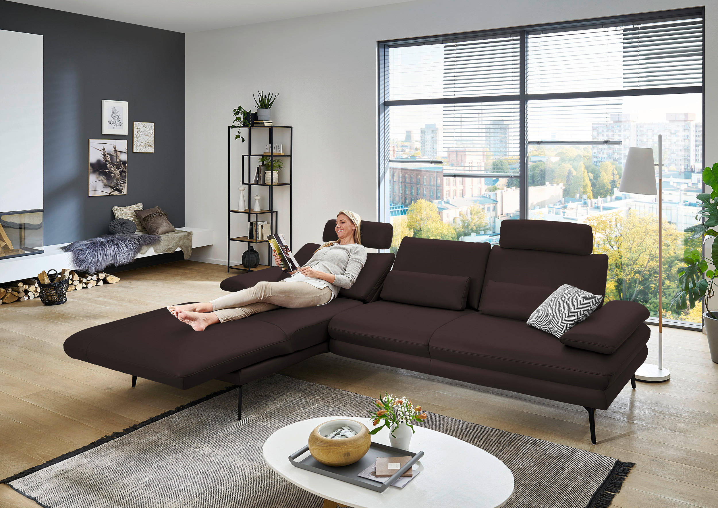 ECKSOFA in Echtleder Braun  - Schwarz/Braun, Design, Leder/Metall (180/310cm) - Dieter Knoll
