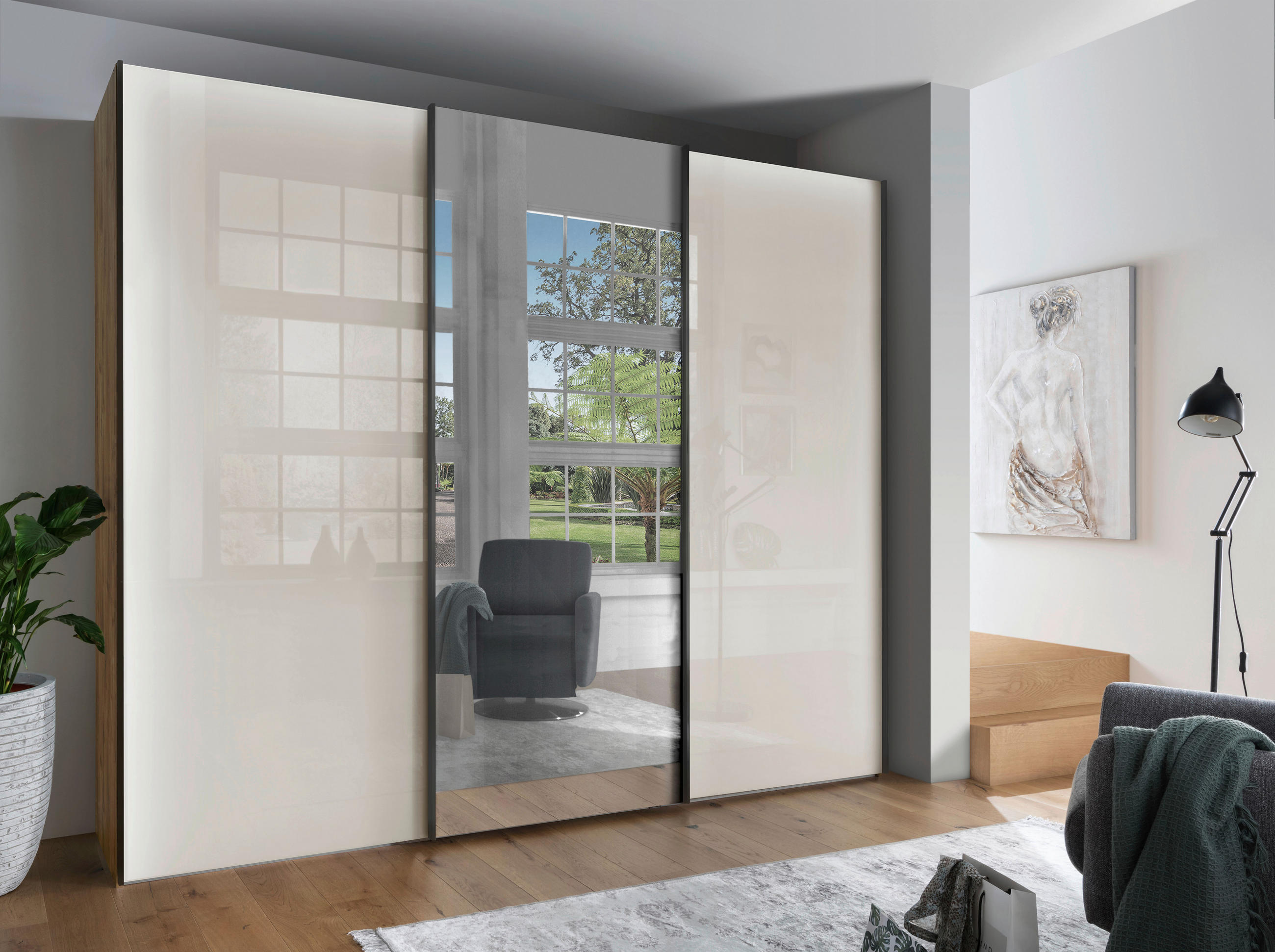 SCHWEBETÜRENSCHRANK in Champagner, Eiche Bianco  - Schieferfarben/Eiche Bianco, Konventionell, Glas/Holzwerkstoff (250/236/67cm) - Dieter Knoll