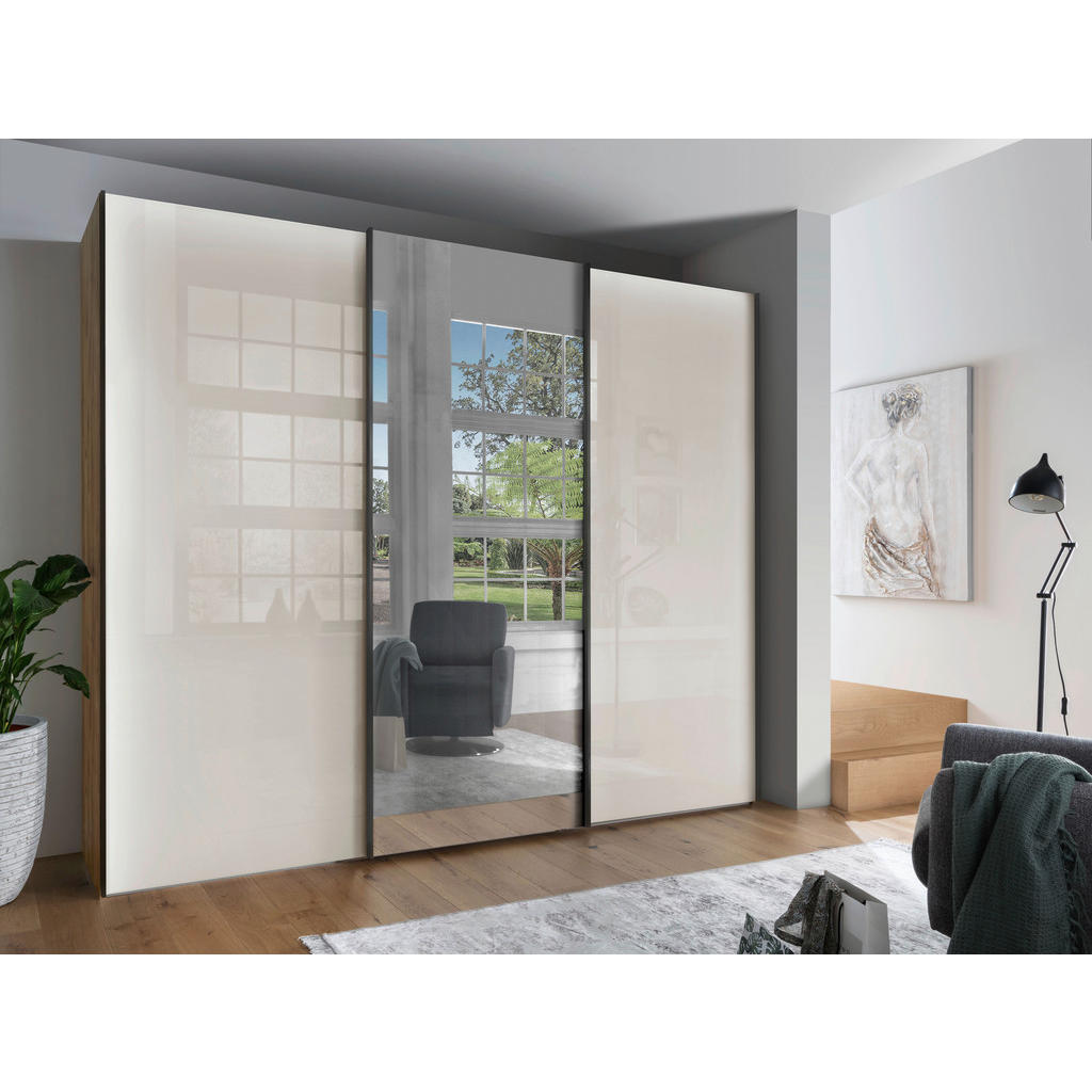 Thumbnail - Dieter Knoll Schwebetürenschrank, Champagner, Eiche Bianco, Metall, 6 Fächer, 300x217x67 cm, ISO 9001, Goldenes M, Made ...