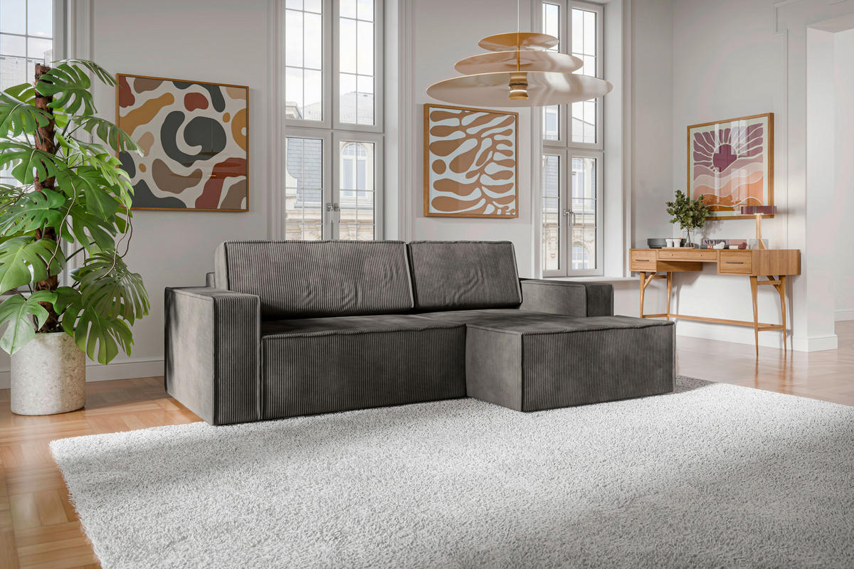 ECKSOFA inkl. Funktion Anthrazit Cord  - Anthrazit/Schwarz, MODERN, Kunststoff/Textil (245/149cm) - Stylife