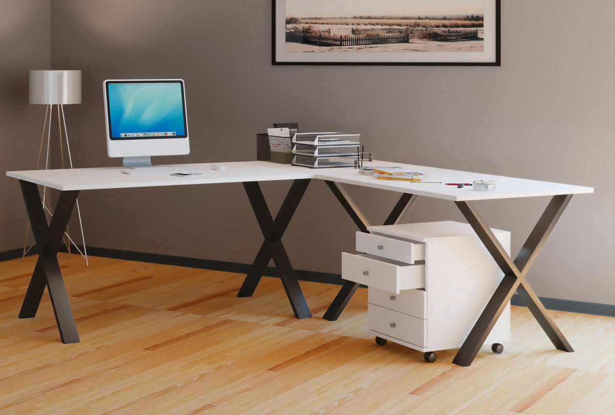 ECKSCHREIBTISCH Schwarz, Weiss  - Weiss/Schwarz, Modern, Holzwerkstoff/Metall (220/160/76cm) - MID.YOU
