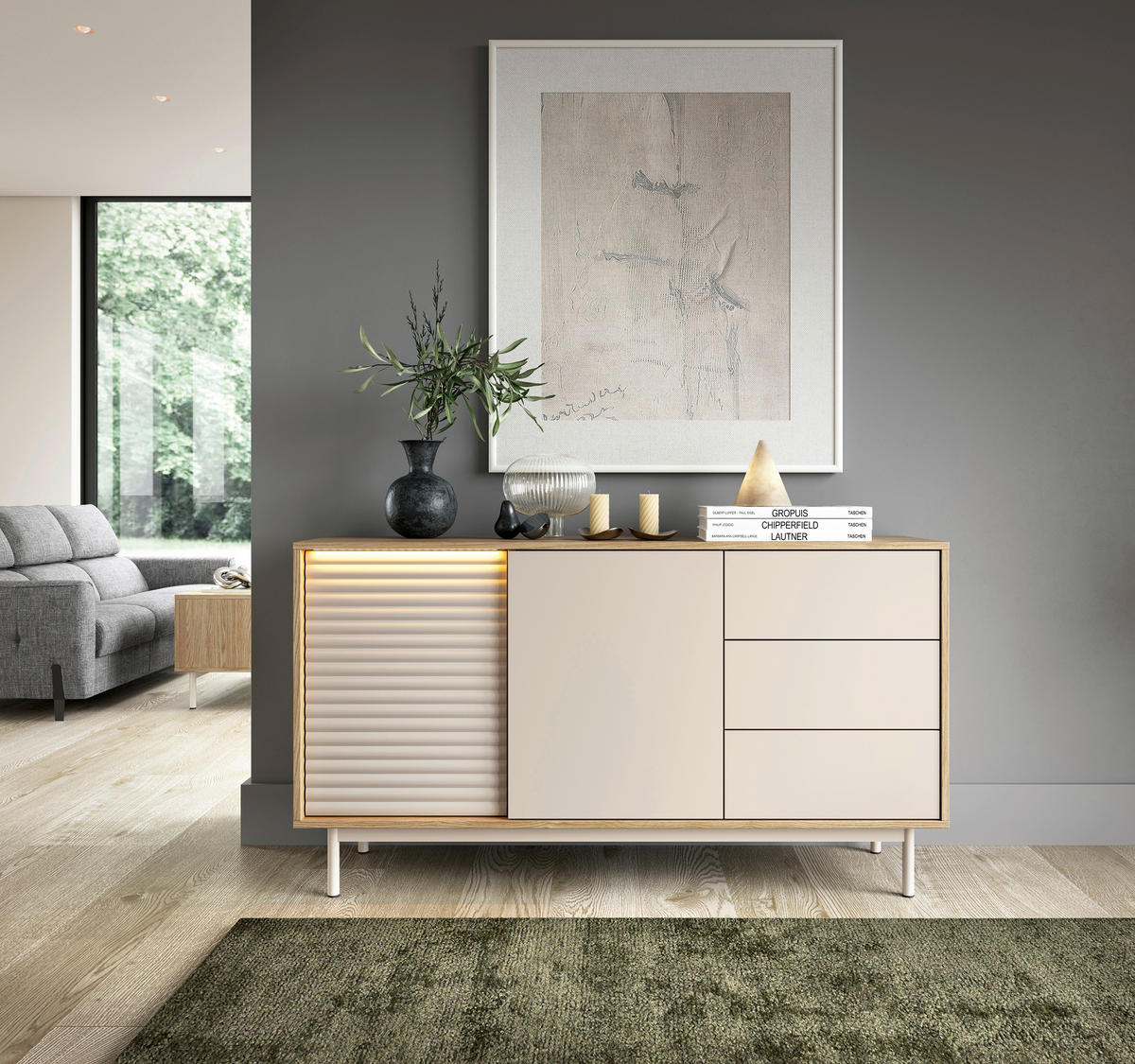 SIDEBOARD  184,1/77,1/40 cm  - Kaschmir/Eichefarben, MODERN, Glas/Holzwerkstoff (184,1/77,1/40cm) - home24