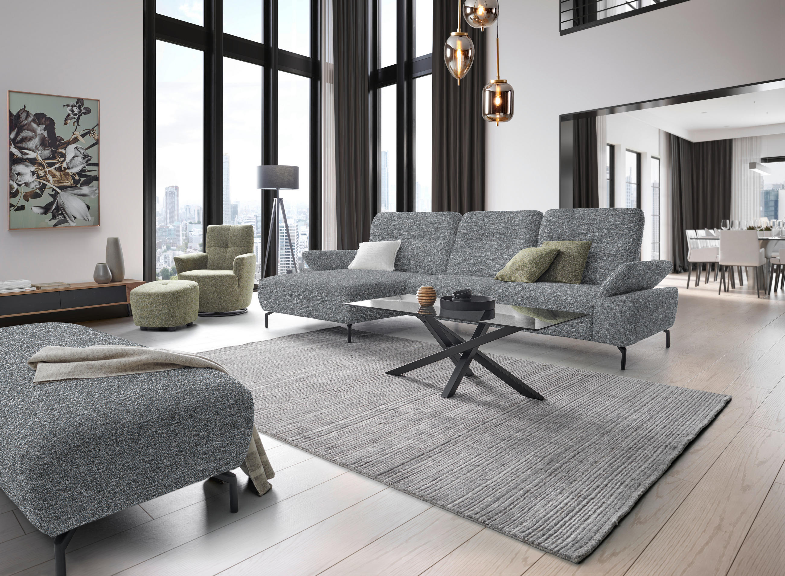 ECKSOFA in Chenille, Flachgewebe Blaugrau  165/318 cm  - Blaugrau/Schwarz, Design, Textil/Metall (165/318cm) - Xora