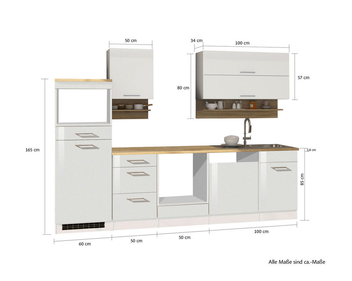 KÜCHENLEERBLOCK 280 cm   in Weiß Hochglanz  - Weiß Hochglanz/Silberfarben, MODERN, Glas/Holzwerkstoff (280cm) - Held