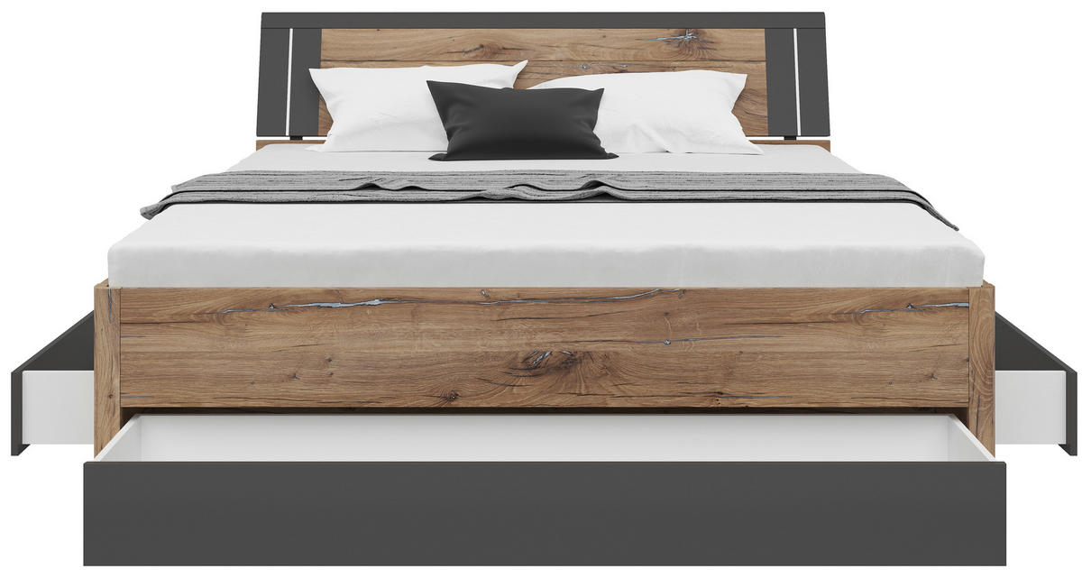 STAURAUMBETT 180/200 cm  in Graphitfarben, Eiche dunkel  - Eiche dunkel/Eichefarben, KONVENTIONELL, Holzwerkstoff (180/200cm)