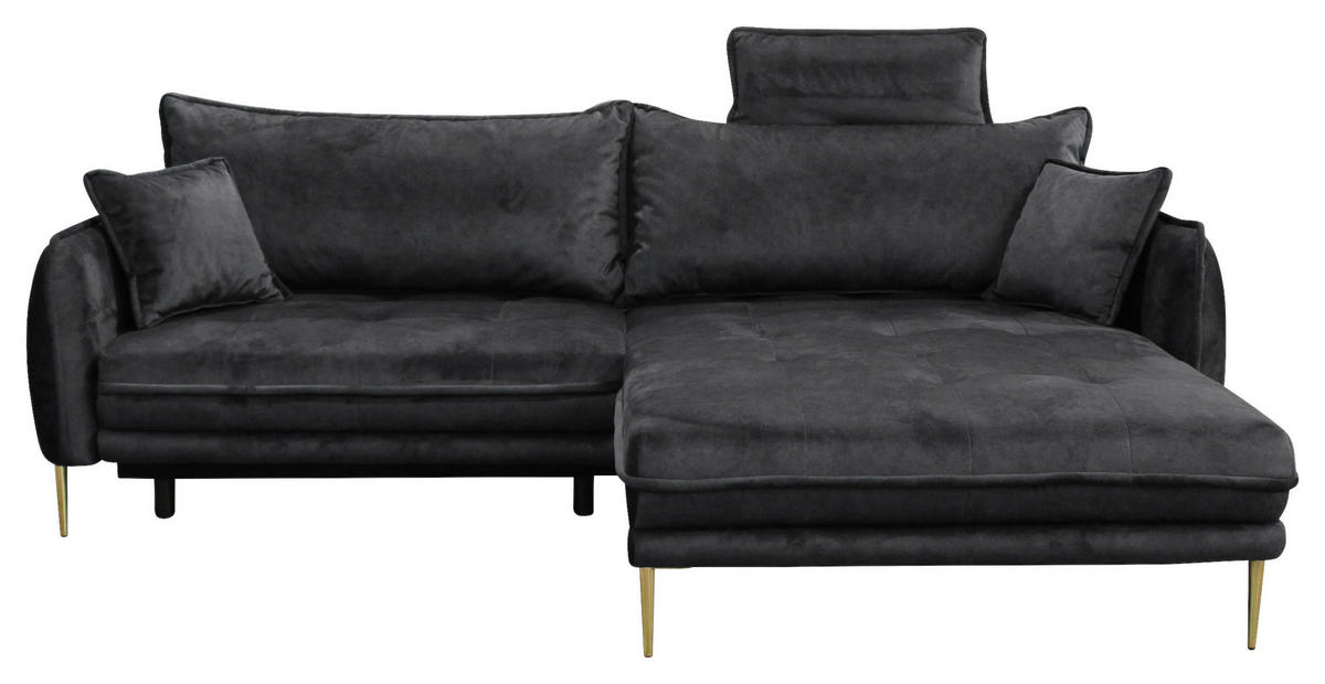 ECKSOFA Anthrazit Velours  - Anthrazit/Goldfarben, Design, Textil/Metall (264/196cm) - MID.YOU