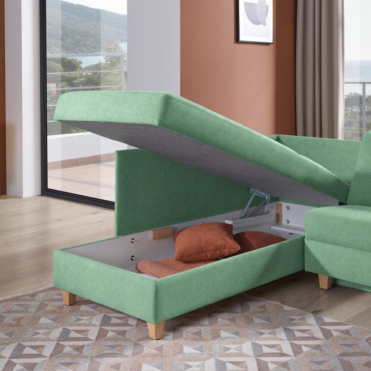 ECKSOFA in Flachgewebe Mintgrün  203/261 cm  - Eichefarben/Mintgrün, KONVENTIONELL, Holz/Textil (203/261cm) - Sedda