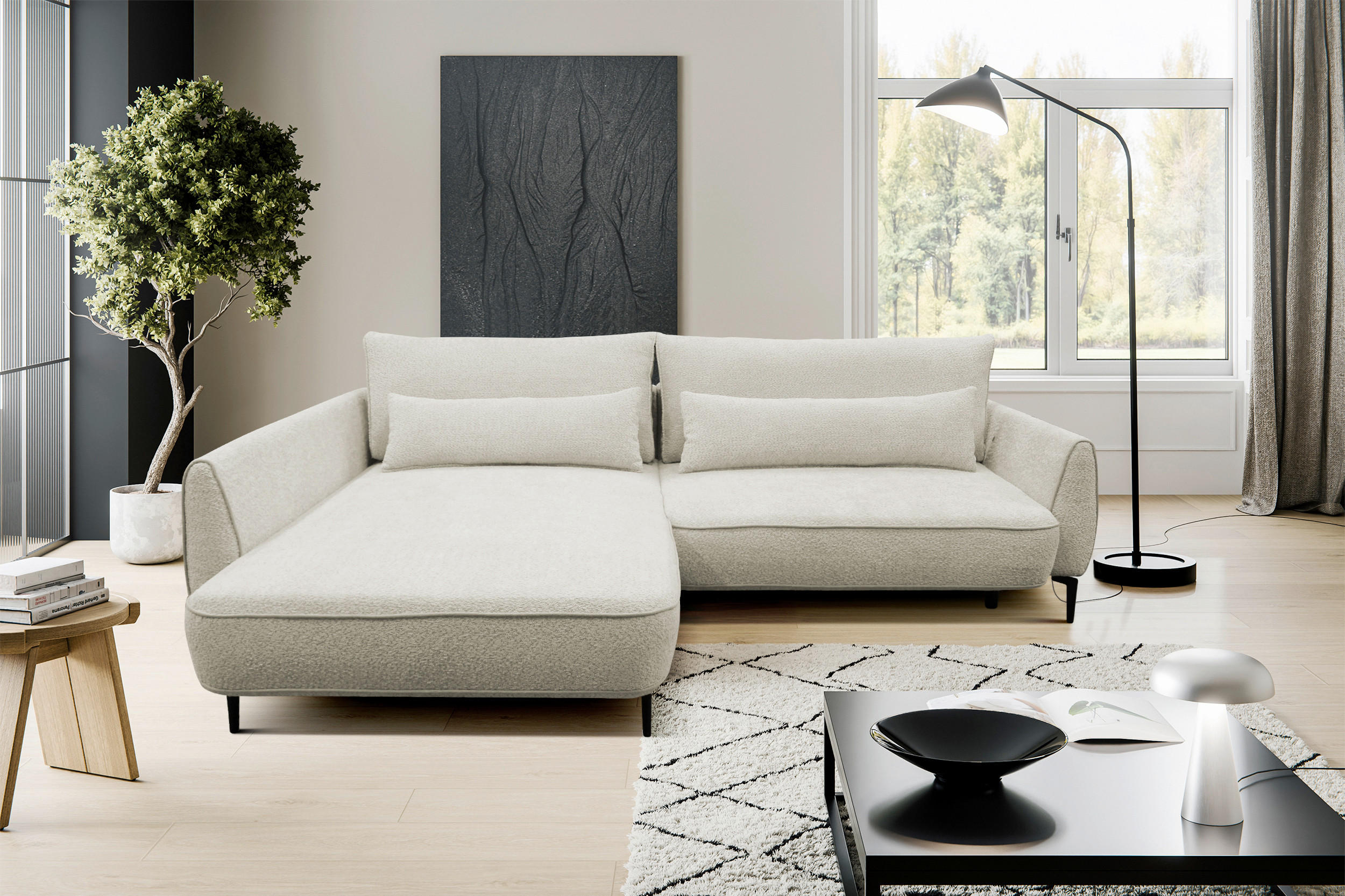 ECKSOFA Creme Bouclé  - Creme/Schwarz, Design, Textil/Metall (204/273cm) - MID.YOU