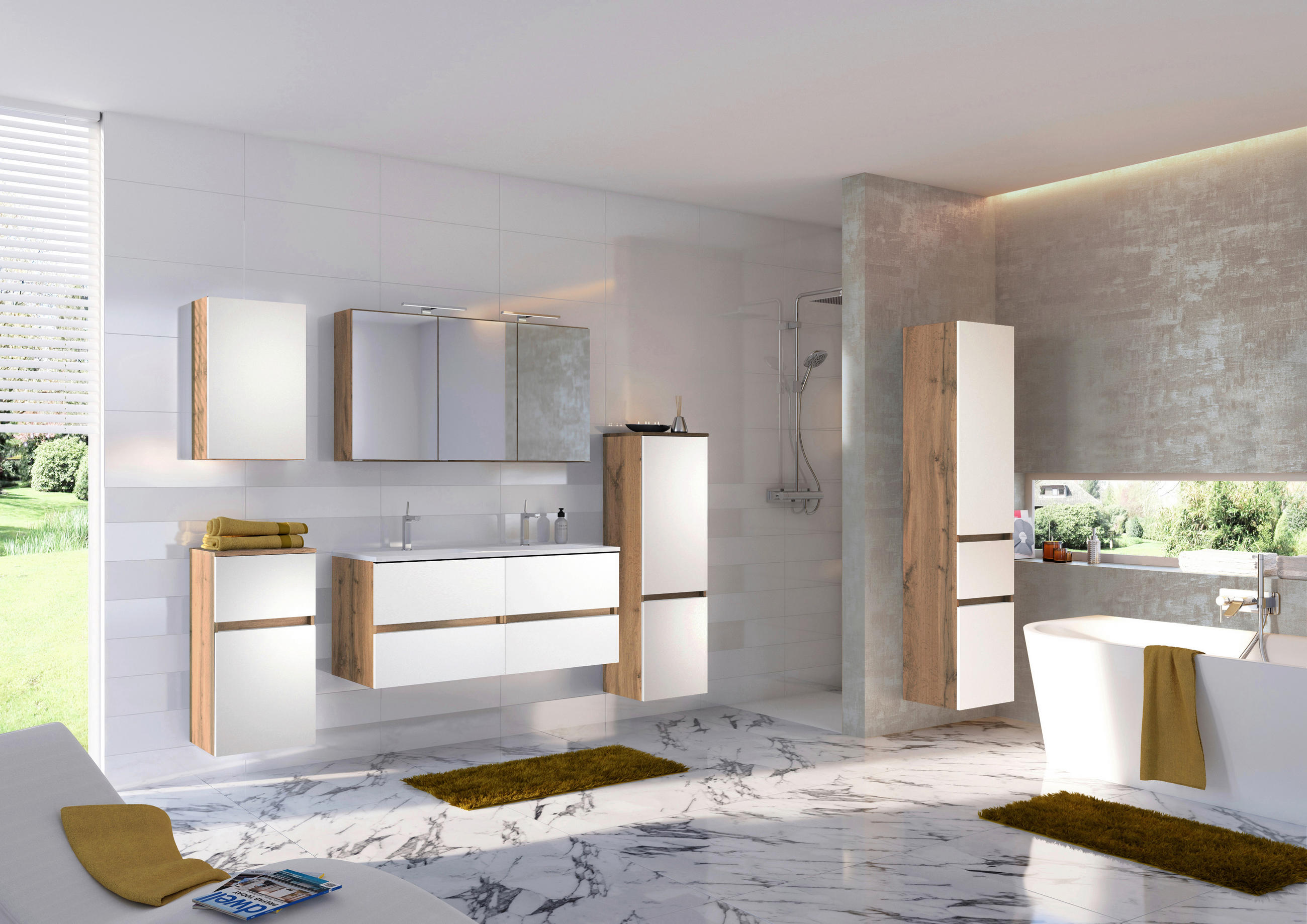 Thumbnail - Held Waschtischkombi, Weiß, Eiche Wotan, Holzwerkstoff, 4 Schublade(n) Schubladen, 120 cm, Made in Germany, Zusatzaussta...