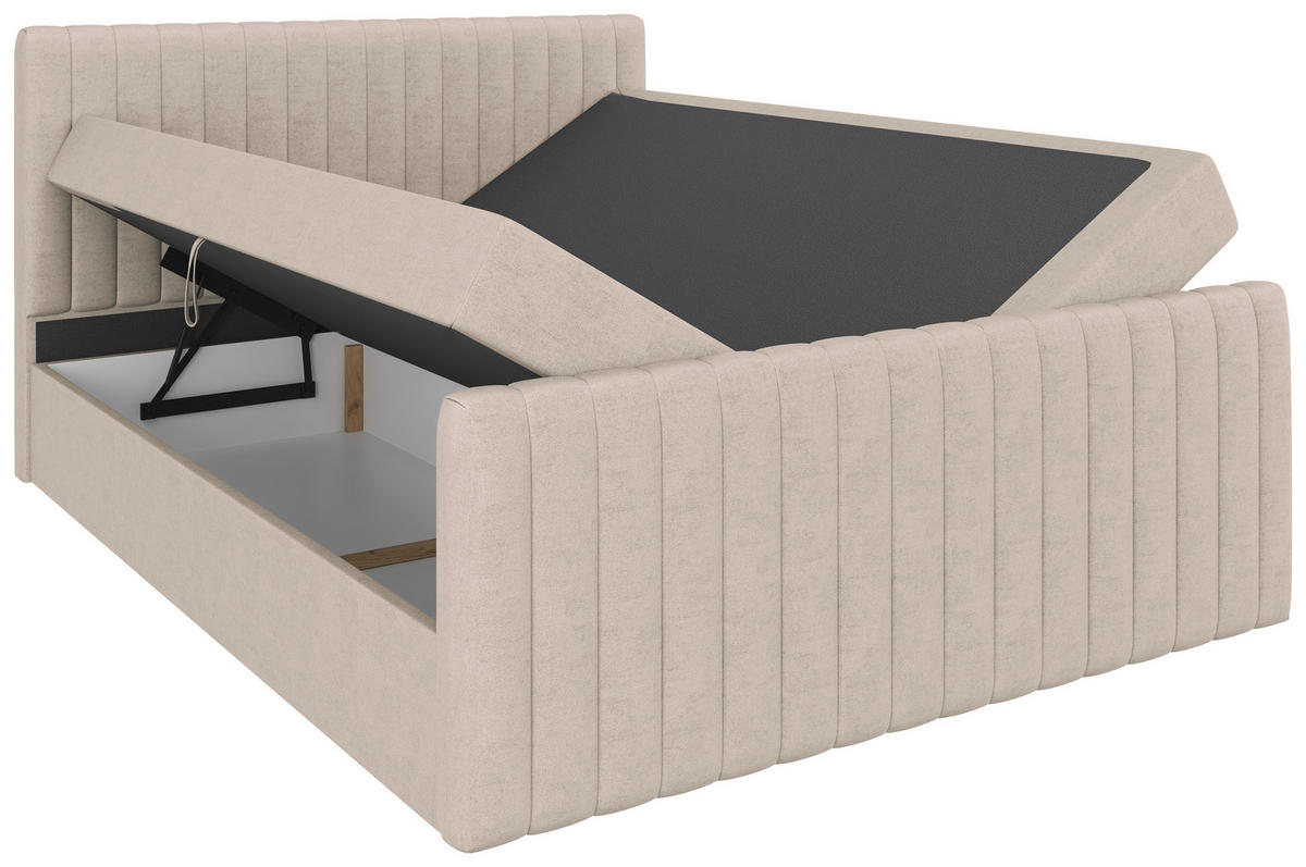 BOXBETT 160/200 cm,  in Creme, gepolstertes Kopfteil, Bettkasten, Topper, Matratzen, H3 + H3 = fest  - Creme/Schwarz, Basics, Kunststoff/Textil (160/200cm) - Chameo