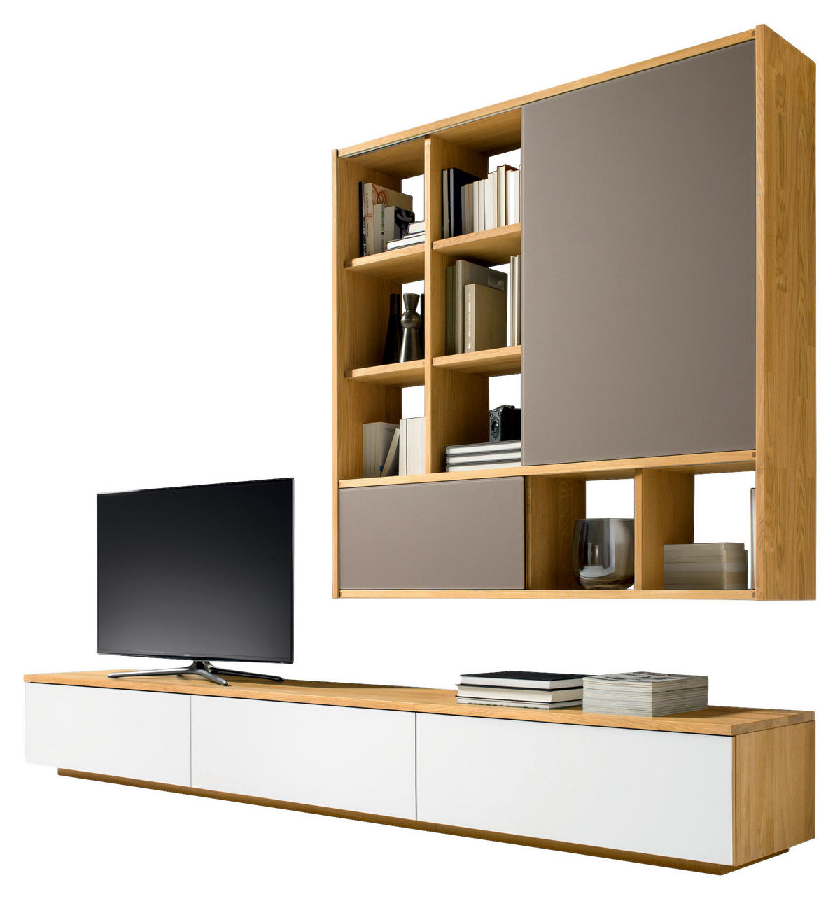 WOHNWAND  in Weiß, Taupe, Eichefarben  300/216,1/48,4 cm  - Taupe/Eichefarben, Design, Glas/Holz (300/216,1/48,4cm) - Team 7