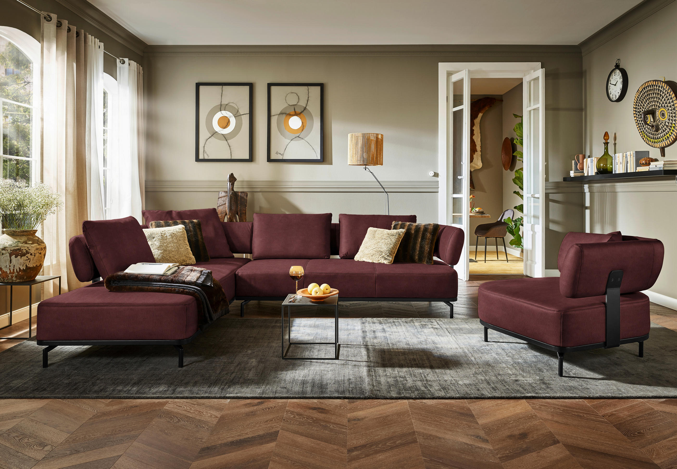 ECKSOFA in Echtleder Bordeaux  237/302 cm  - Bordeaux/Schwarz, Design, Leder/Metall (237/302cm) - Dieter Knoll