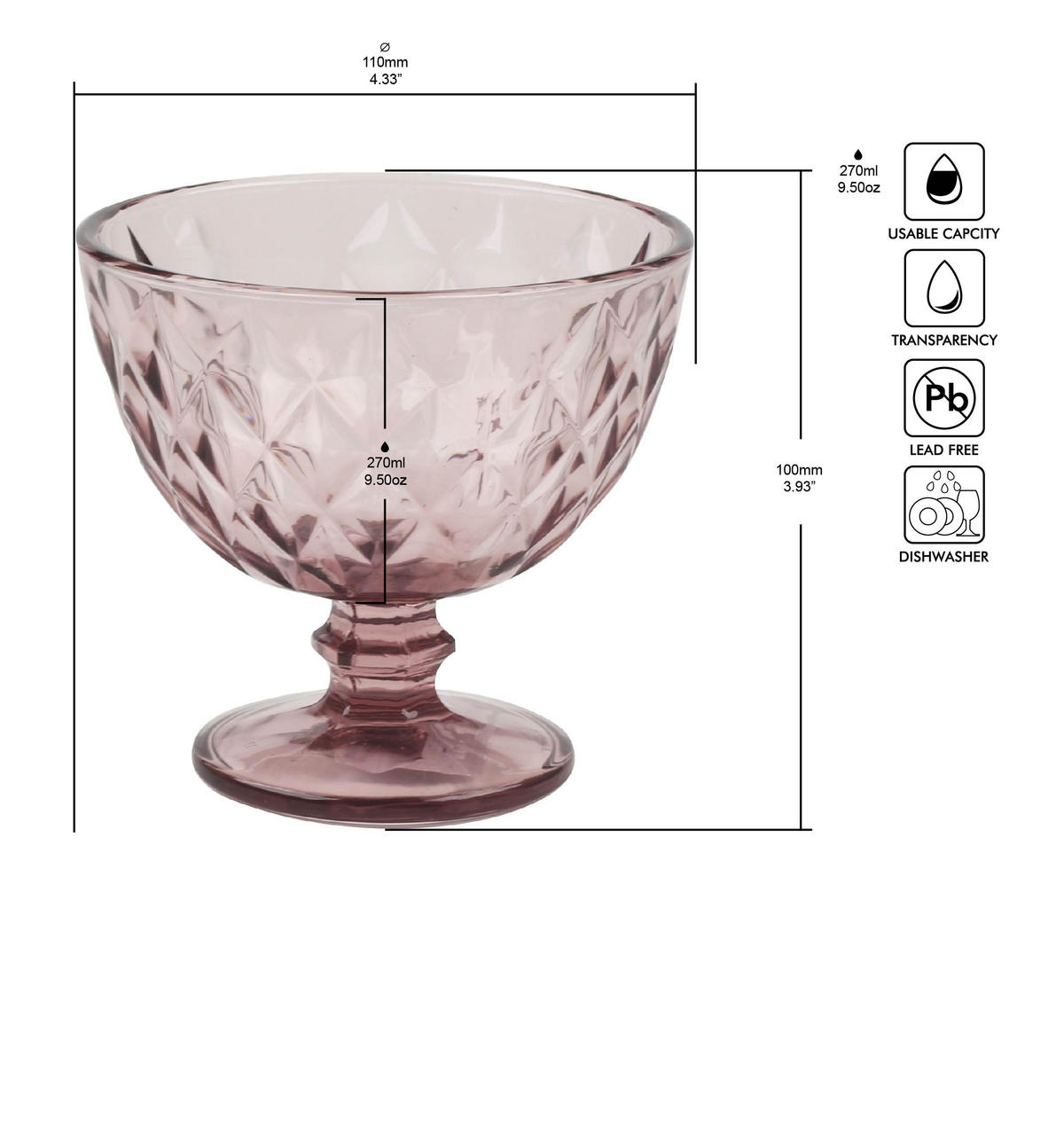 DESSERTSKÅL     - rosa, Basics, glas (11/10cm) - Novel